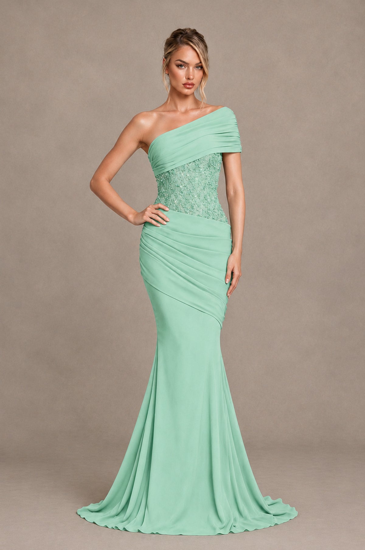 BOLODOO Mint Green One-Shoulder Sequin Embroidered Ruched Mermaid Gown with Train - Mint Green - Mint Green_3
