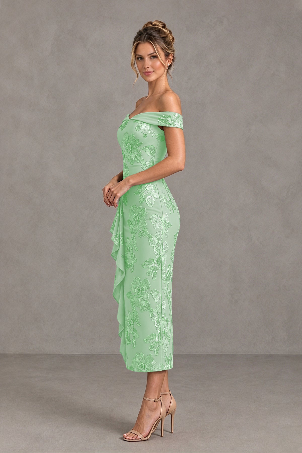 BOLODOO Mint Green Off Shoulder Floral Jacquard Midi Dress - Mint Green - Mint Green(3)