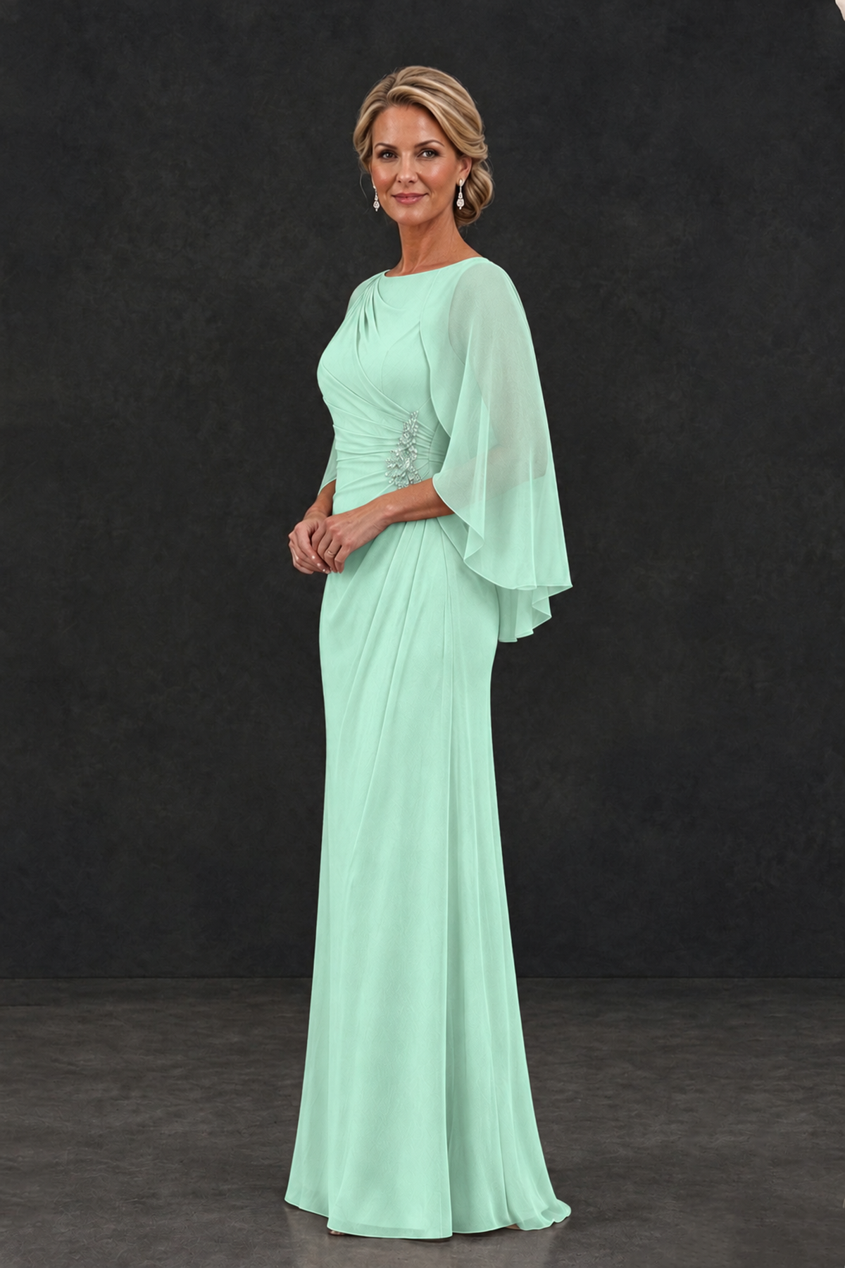 BOLODOO Mint Green Cape Sleeve Mother of the Bride Dress with Ruched Waist - Mint Green - Mint Green_3