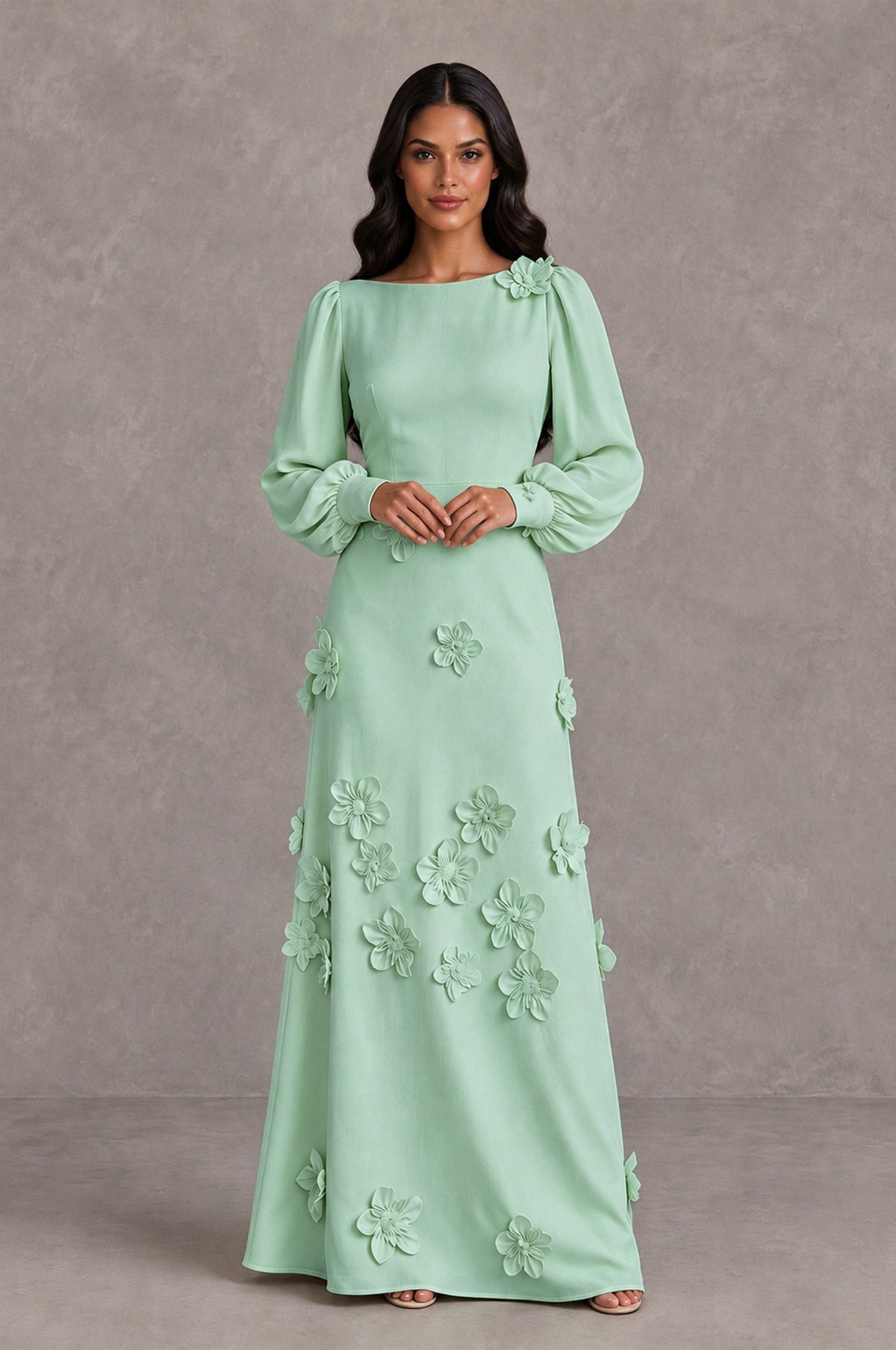 BOLODOO Mint Green Long Sleeve Floral Applique A-Line Evening Dress - Mint Green - Mint Green_3