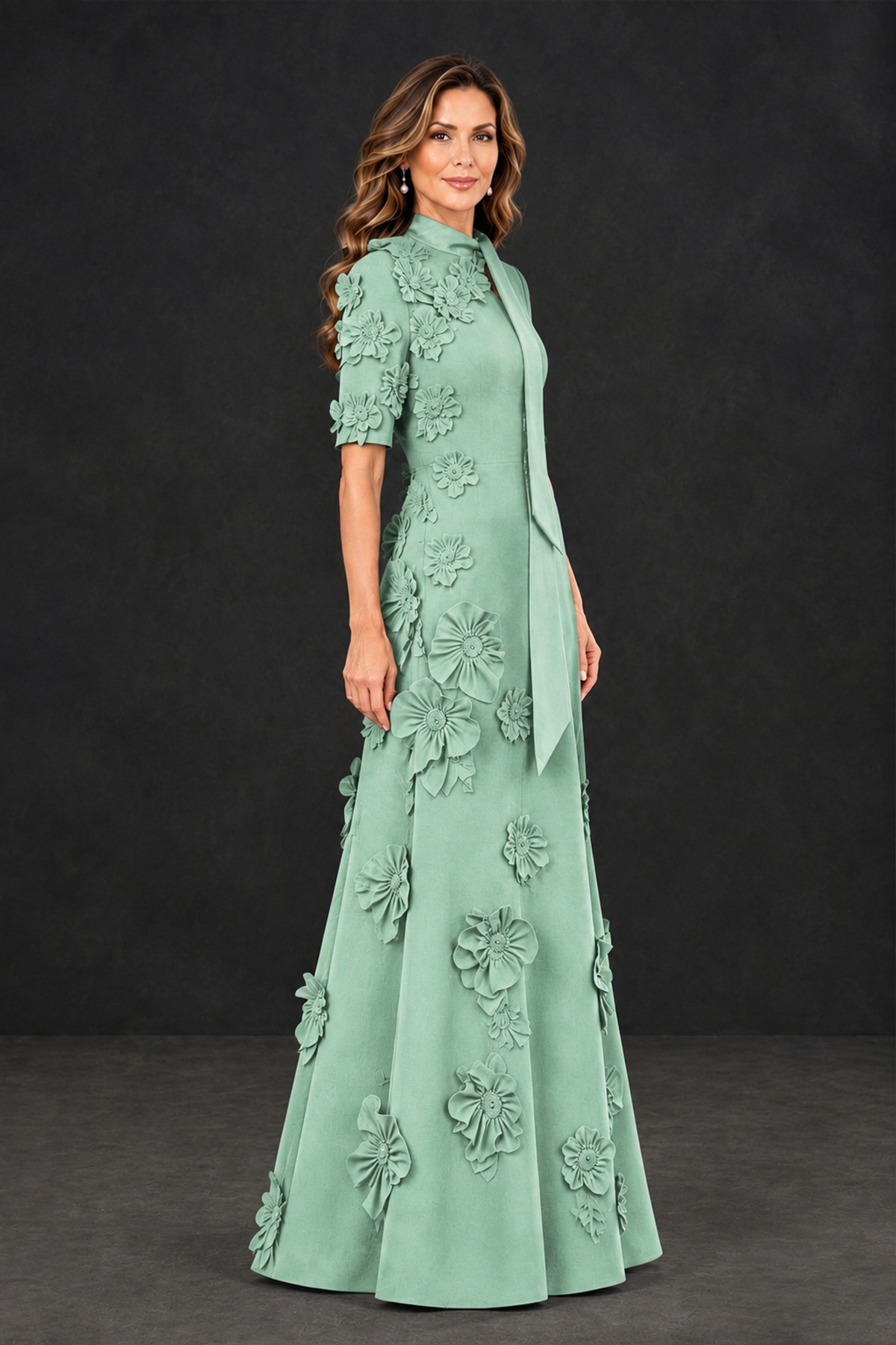 BOLODOO Mint Green Floral Applique High-Neck Half-Sleeve Gown - Mint Green - Mint Green_3