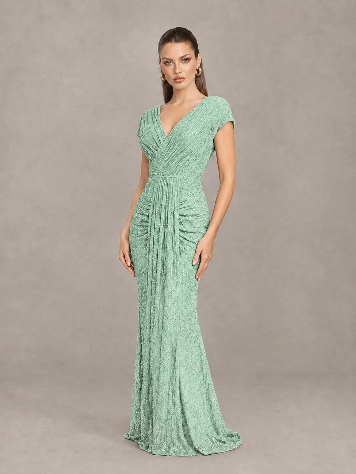 BOLODOO Mint Green Glitter V-Neck Cap Sleeve Ruched Mermaid Evening Gown - Mint Green - Mint Green_3