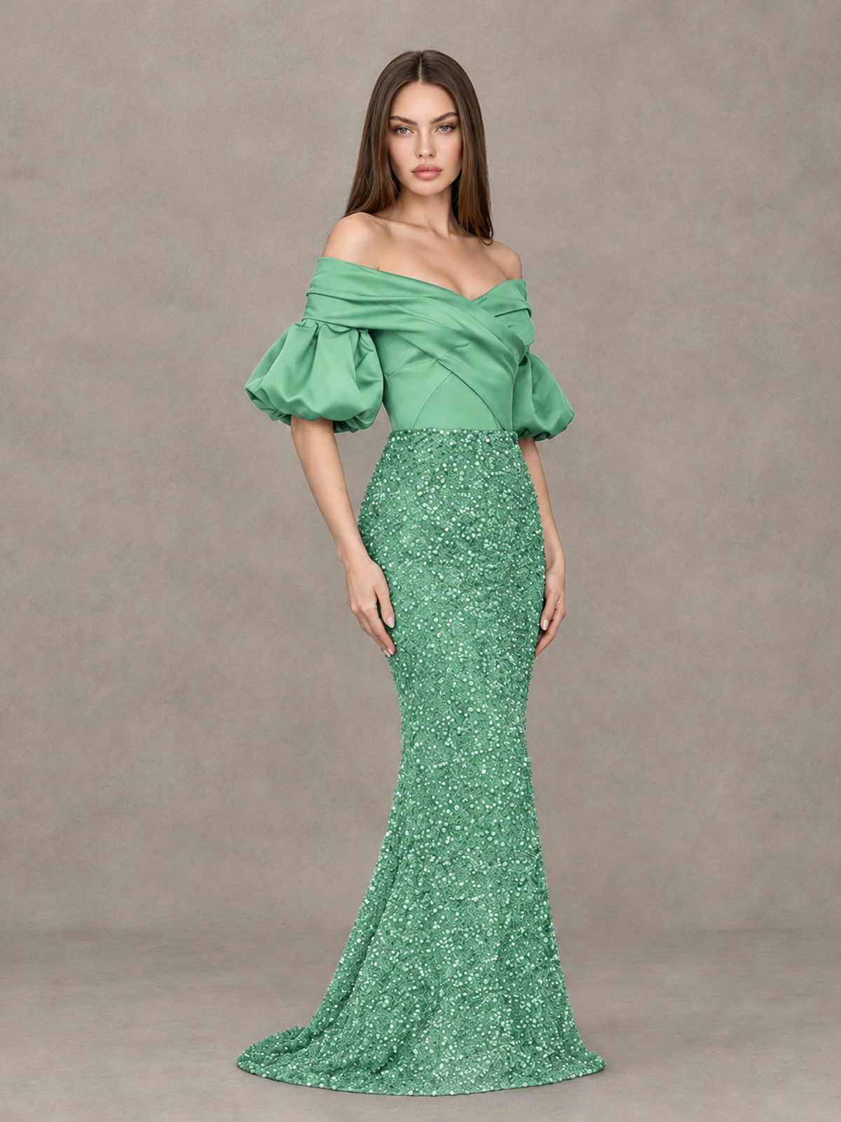BOLODOO Mint Green Off-Shoulder Puff Sleeve Sequin Mermaid Evening Dress - Mint Green - Mint Green_3