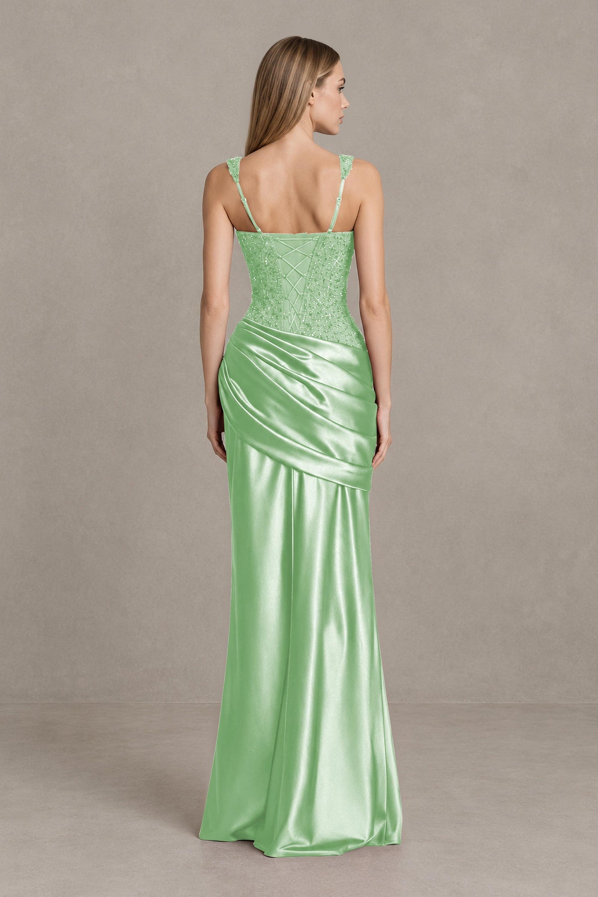 BOLODOO Mint Green Square Neck Embellished Satin Evening Gown - Mint Green