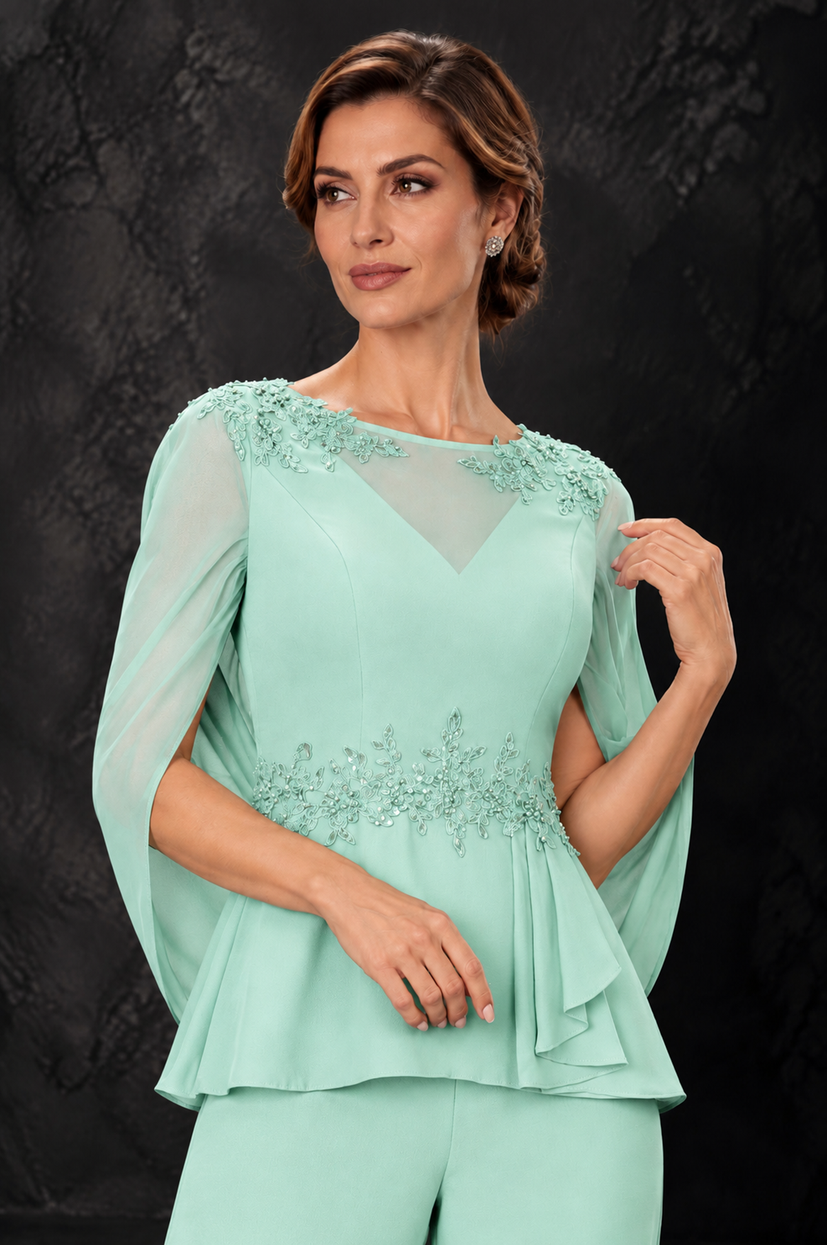 BOLODOO Mint Green Embellished Cape Sleeve Mother of the Bride Pantsuit - Mint Green - Mint_Green_3
