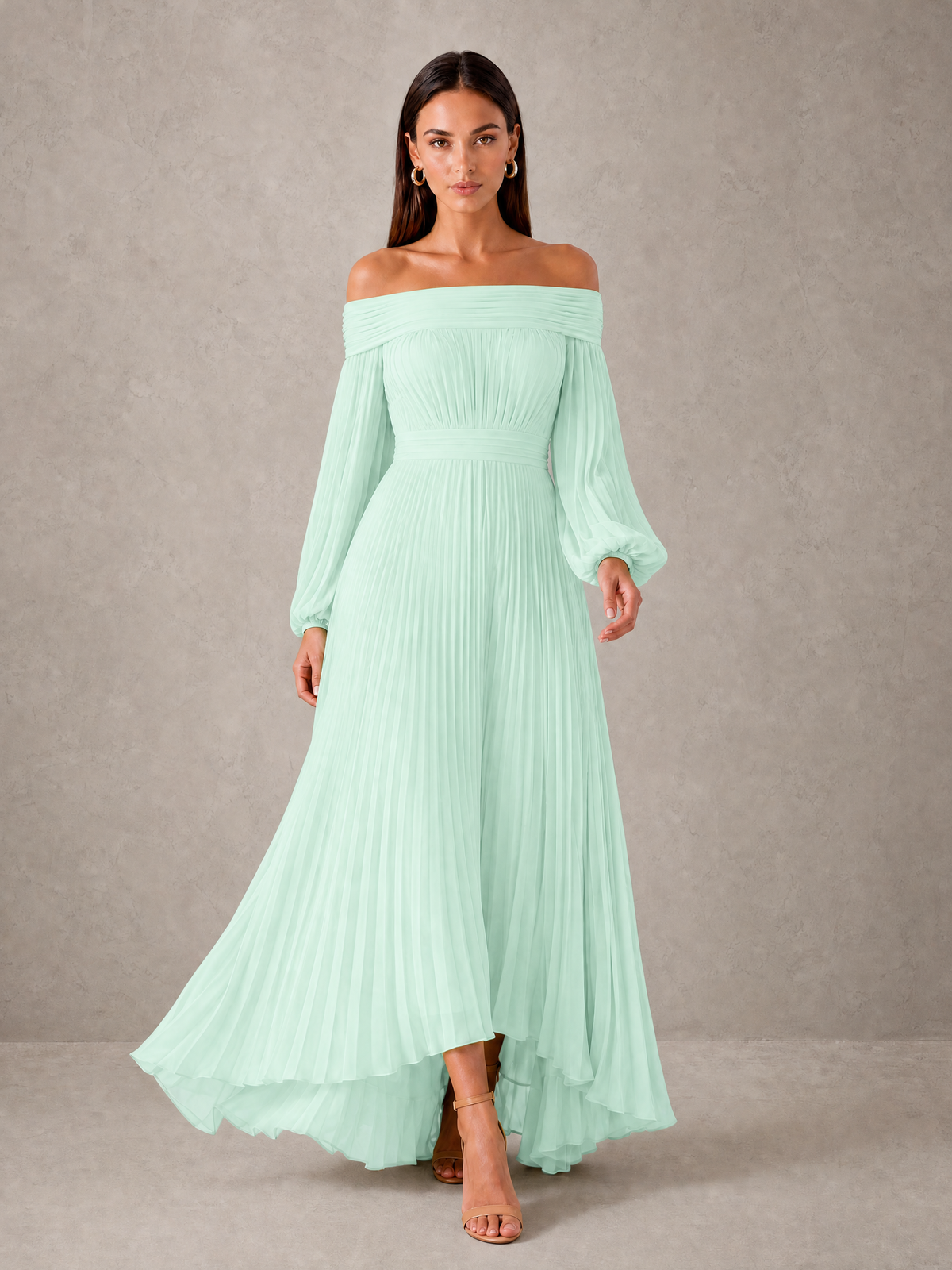 BOLODOO Mint Green Off-Shoulder Long Sleeve Pleated High-Low Dress - Mint Green - Mint_Green_3