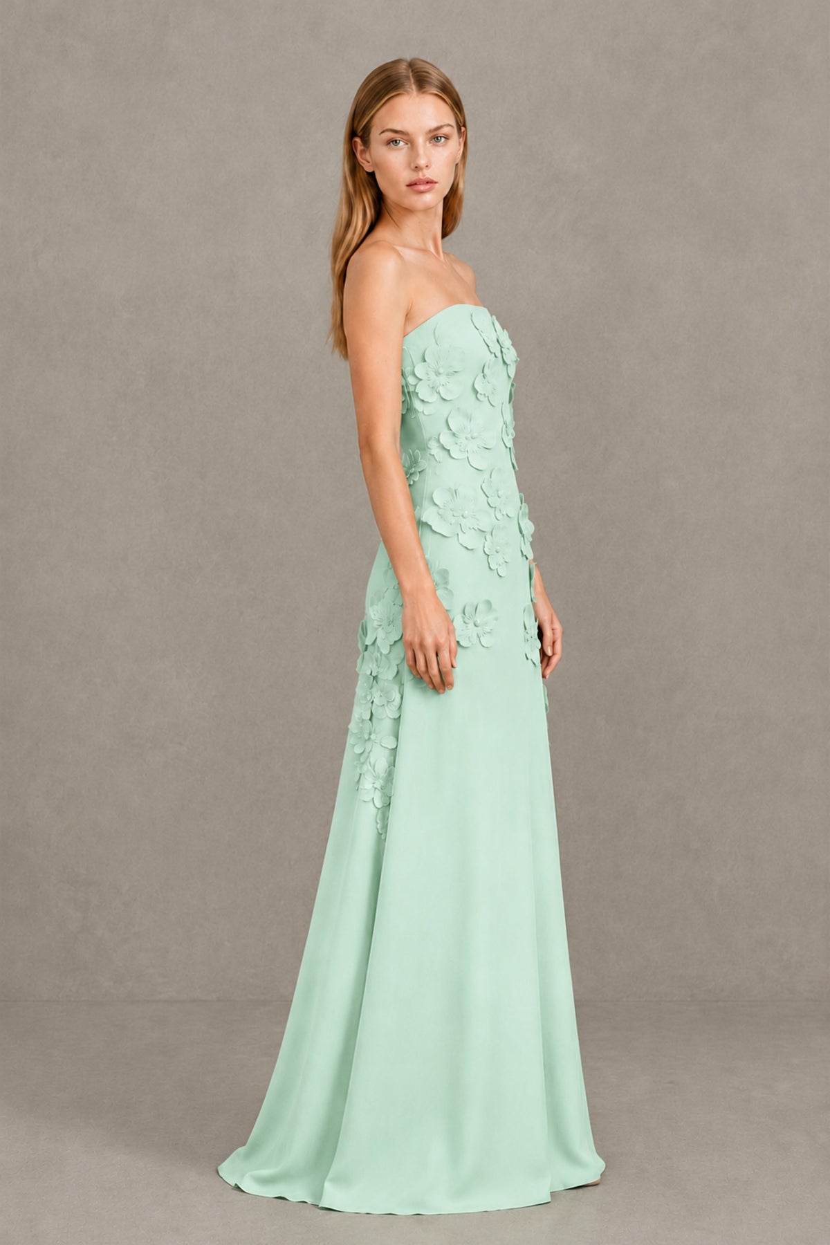 BOLODOO Mint Green Strapless 3D Floral Appliqué Crepe Maxi Gown - Mint Green - Mint_Green_3