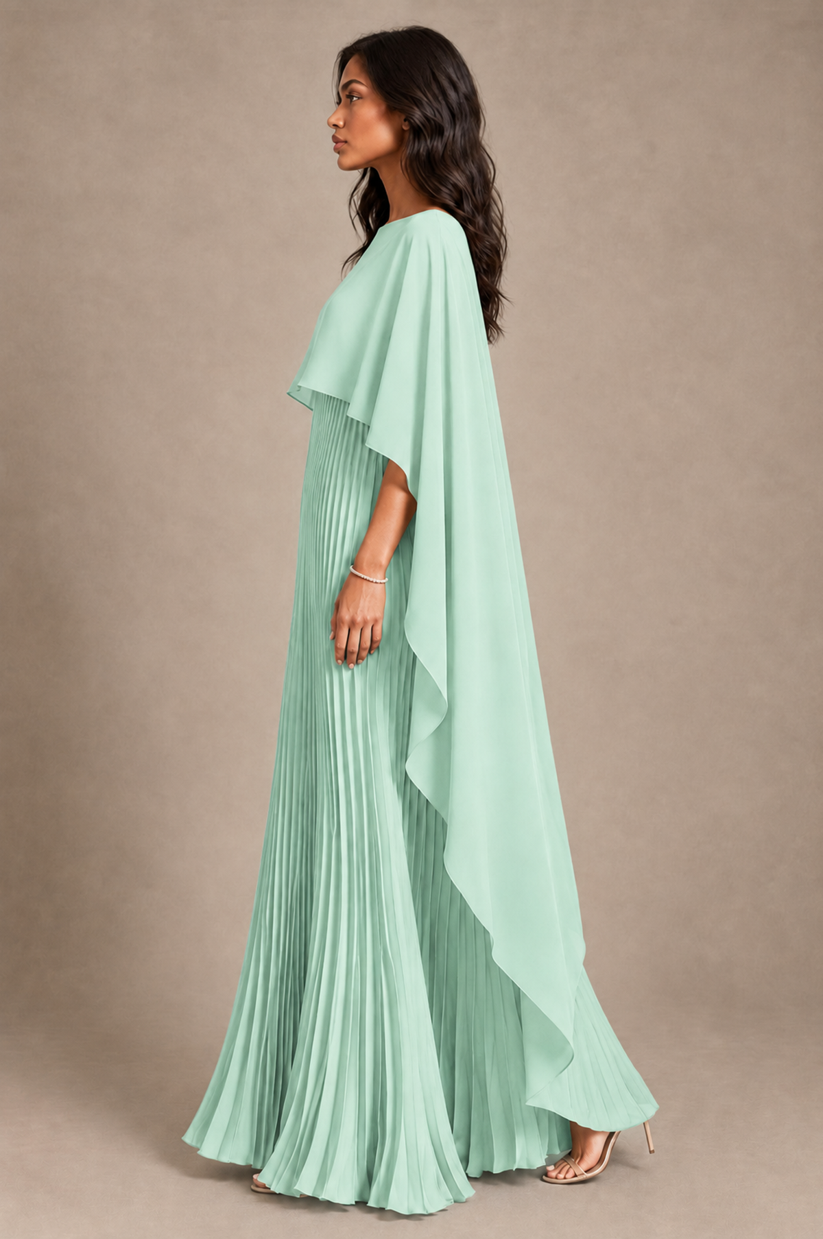 BOLODOO Mint Green Pleated Cape A-Line Evening Dress - Mint Green - Mint_Green_3