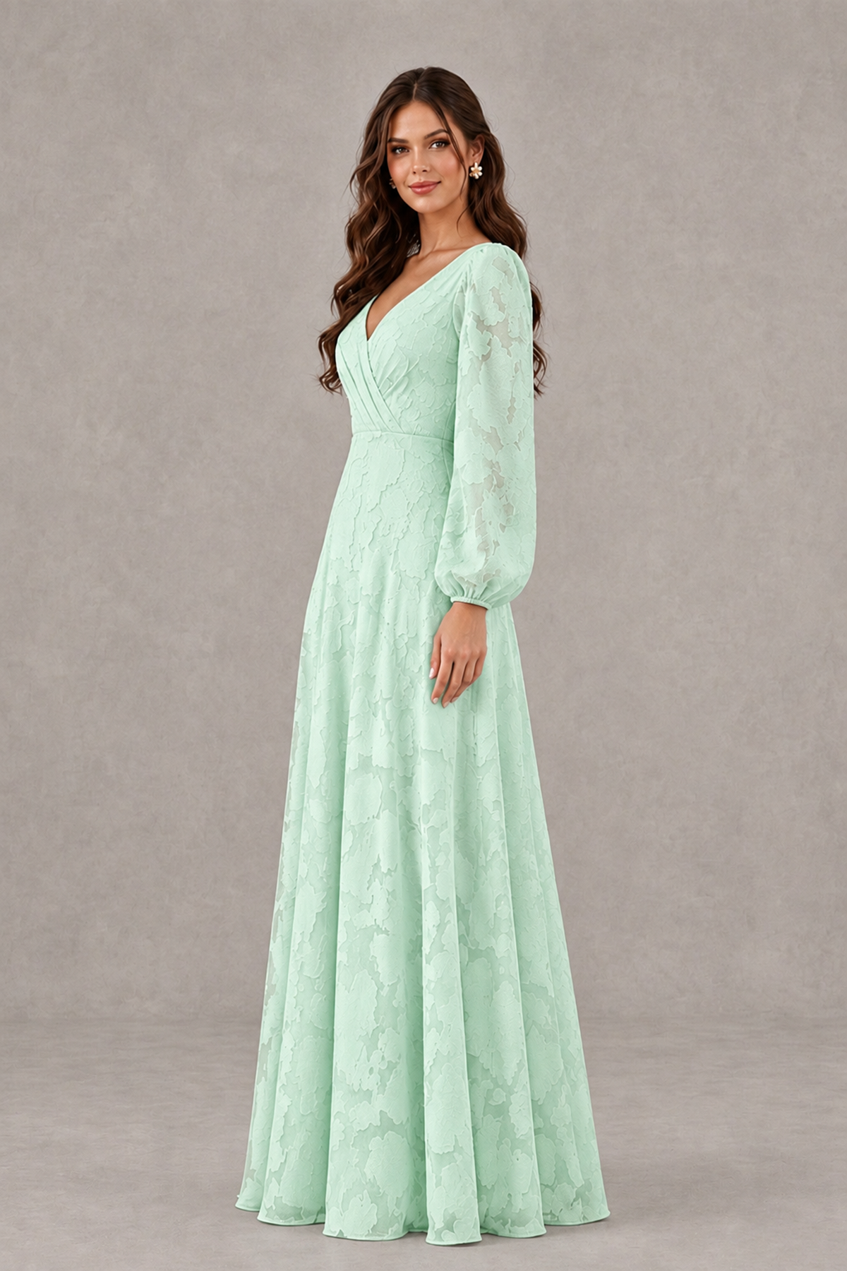BOLODOO Mint Green Long Sleeve V-Neck A-Line Mother of the Bride Dress - Mint Green - Mint Green_3