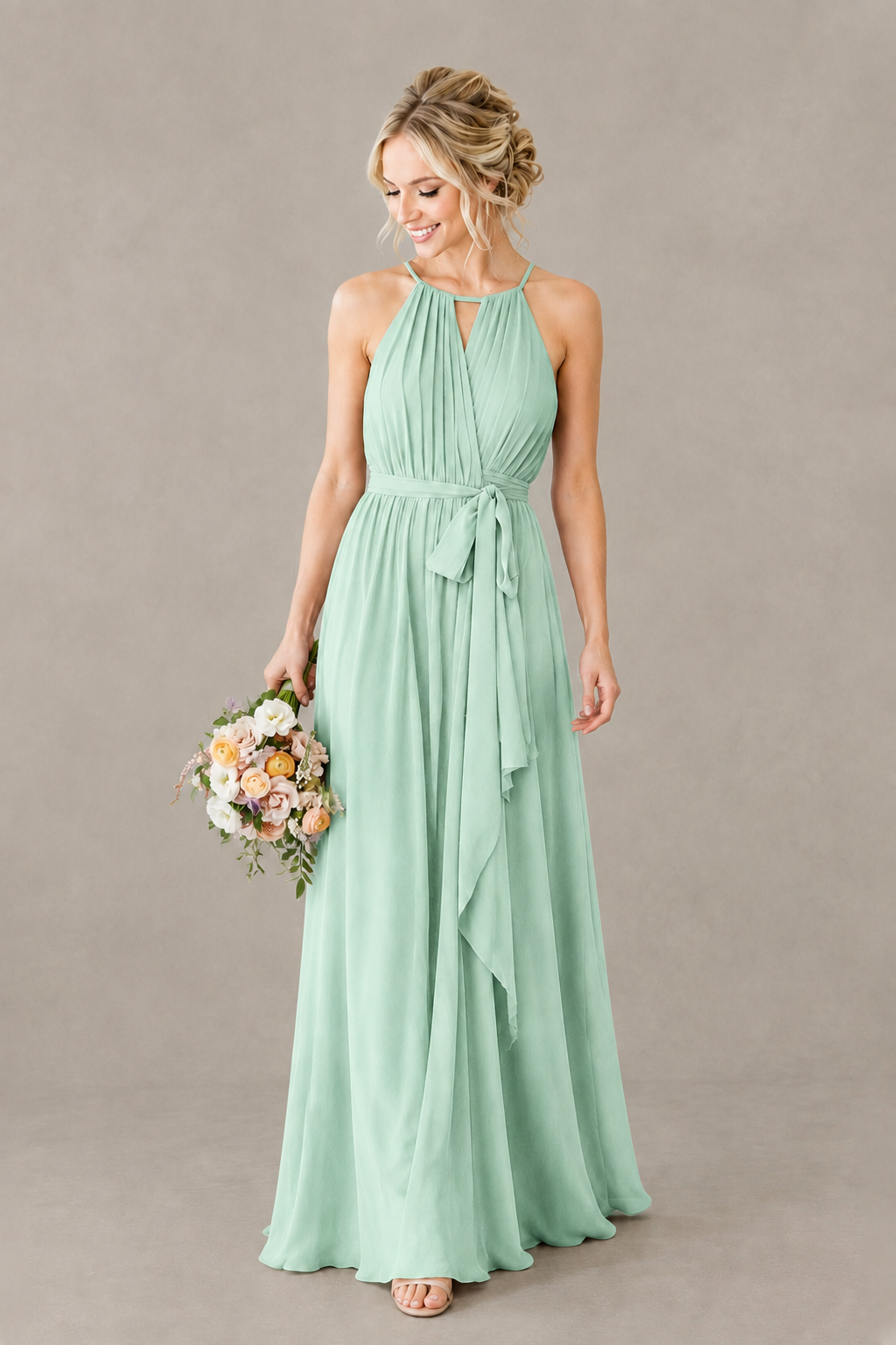 BOLODOO Mint Green Halter Chiffon Bridesmaid Dress with High Slit - Mint Green