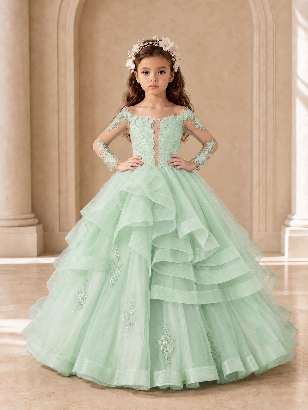 BOLODOO Mint Green Lace Long Sleeve Tiered Flower Girl Dress - Mint Green - Mint_Green_4