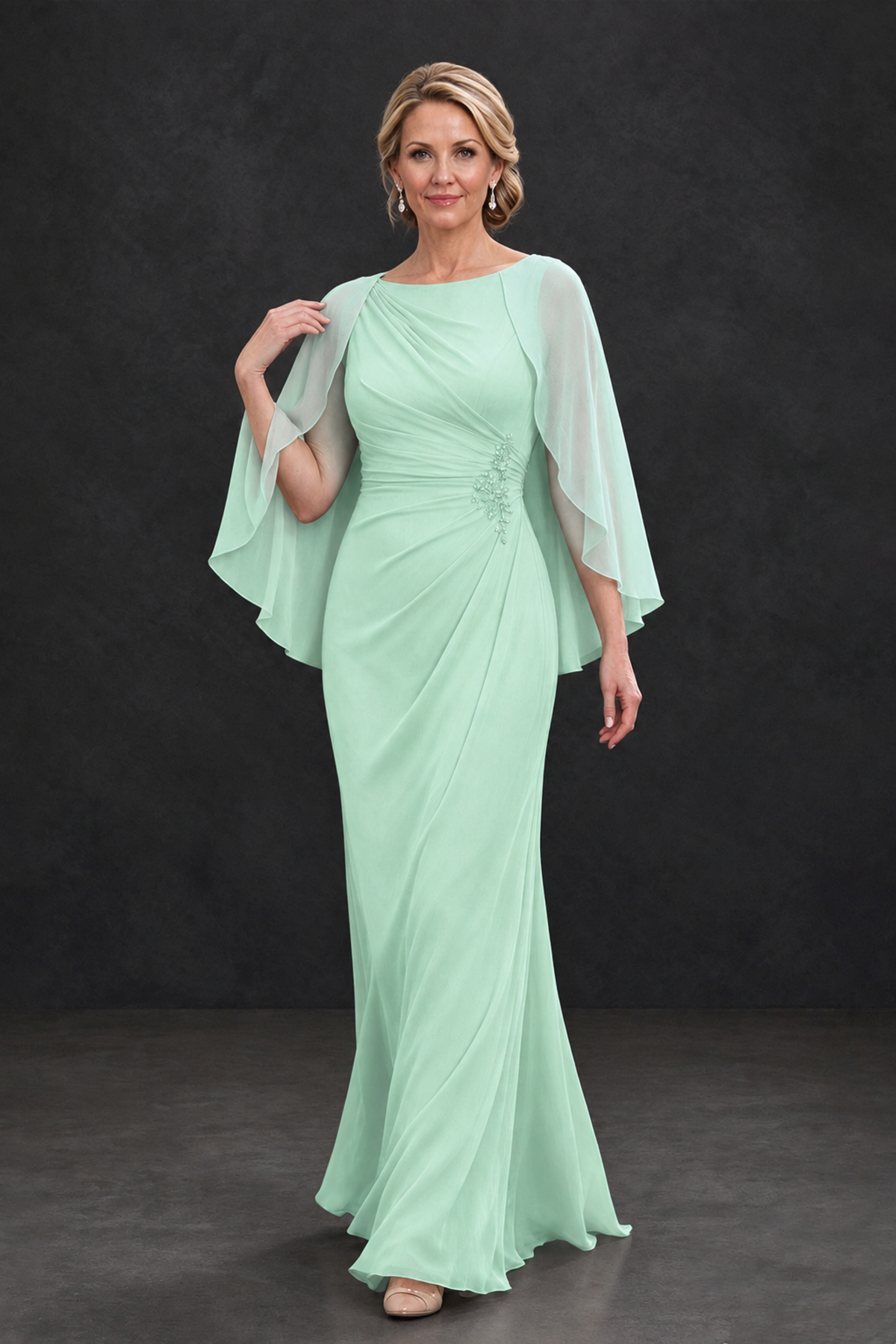 BOLODOO Mint Green Cape Sleeve Mother of the Bride Dress with Ruched Waist - Mint Green - Mint Green_4