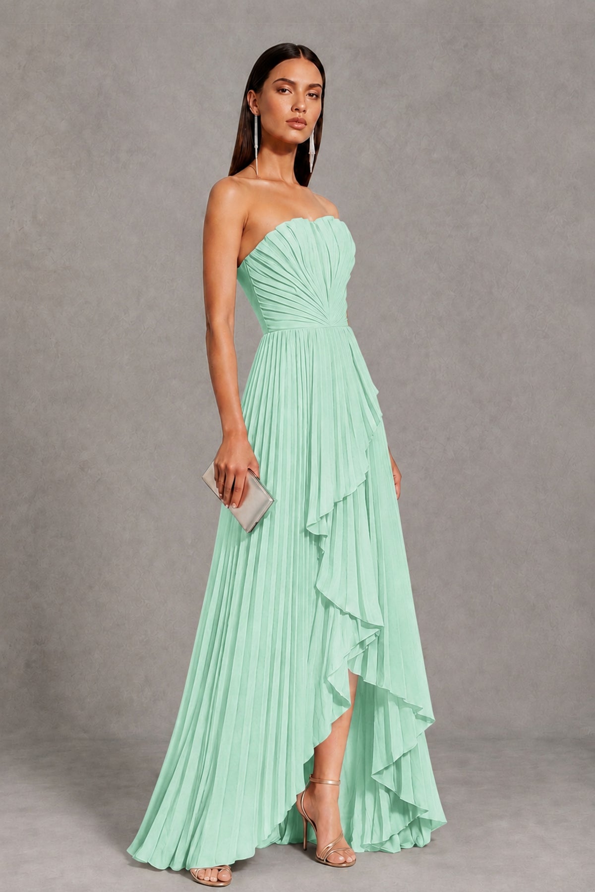 Mint Green Strapless Pleated High-Low Evening Gown with Ruffle Hem - Mint Green - Mint_Green_4