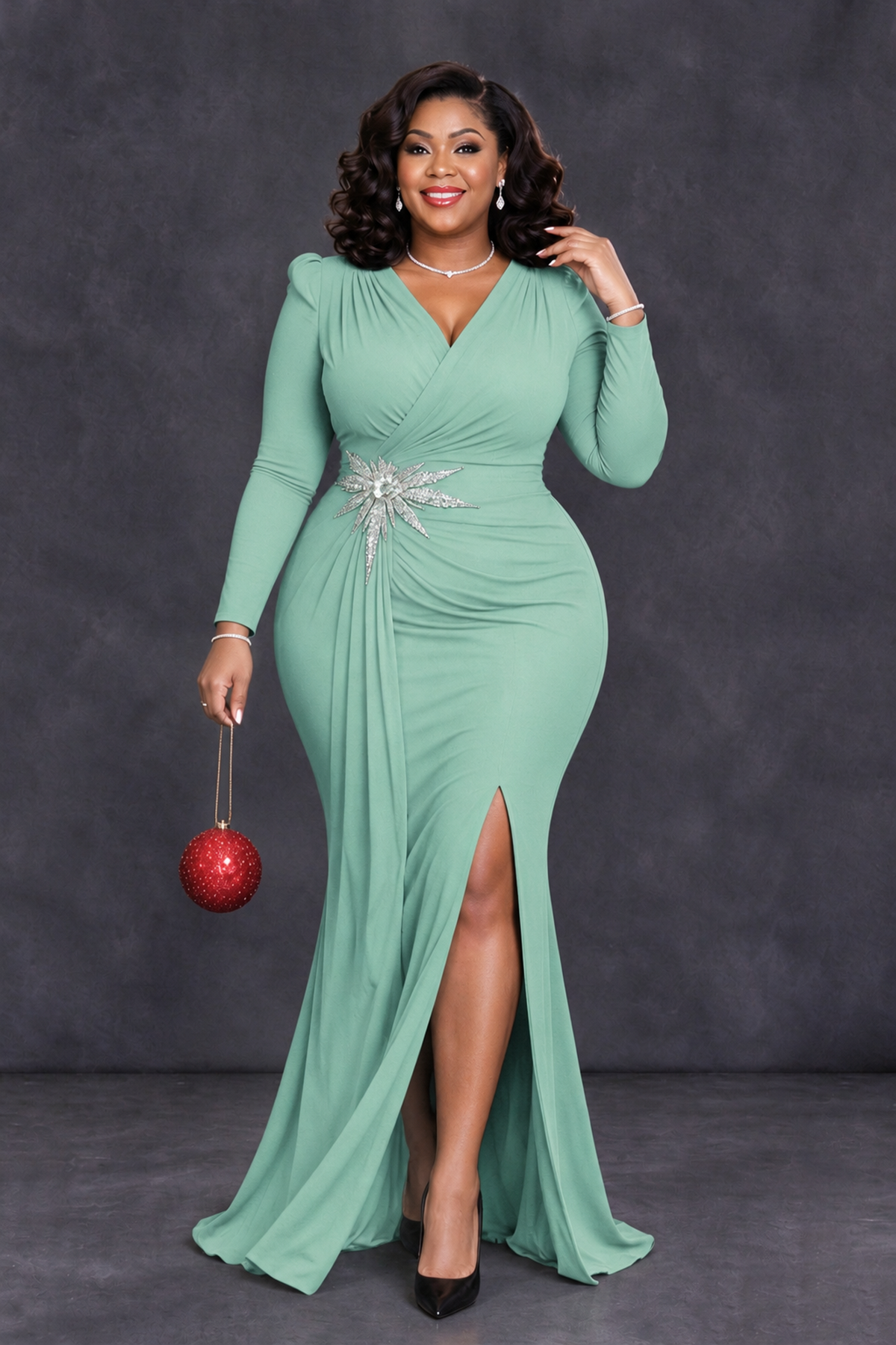 BOLODOO Mint Green Plus Size Long Sleeve V-Neck Mother of the Bride Dress with Slit - Mint Green - Mint Green_4