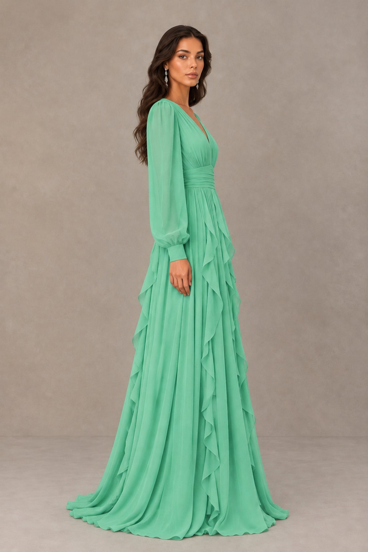 BOLODOO Mint Green Long Sleeve V-Neck Ruffle Maxi Dress - Mint Green