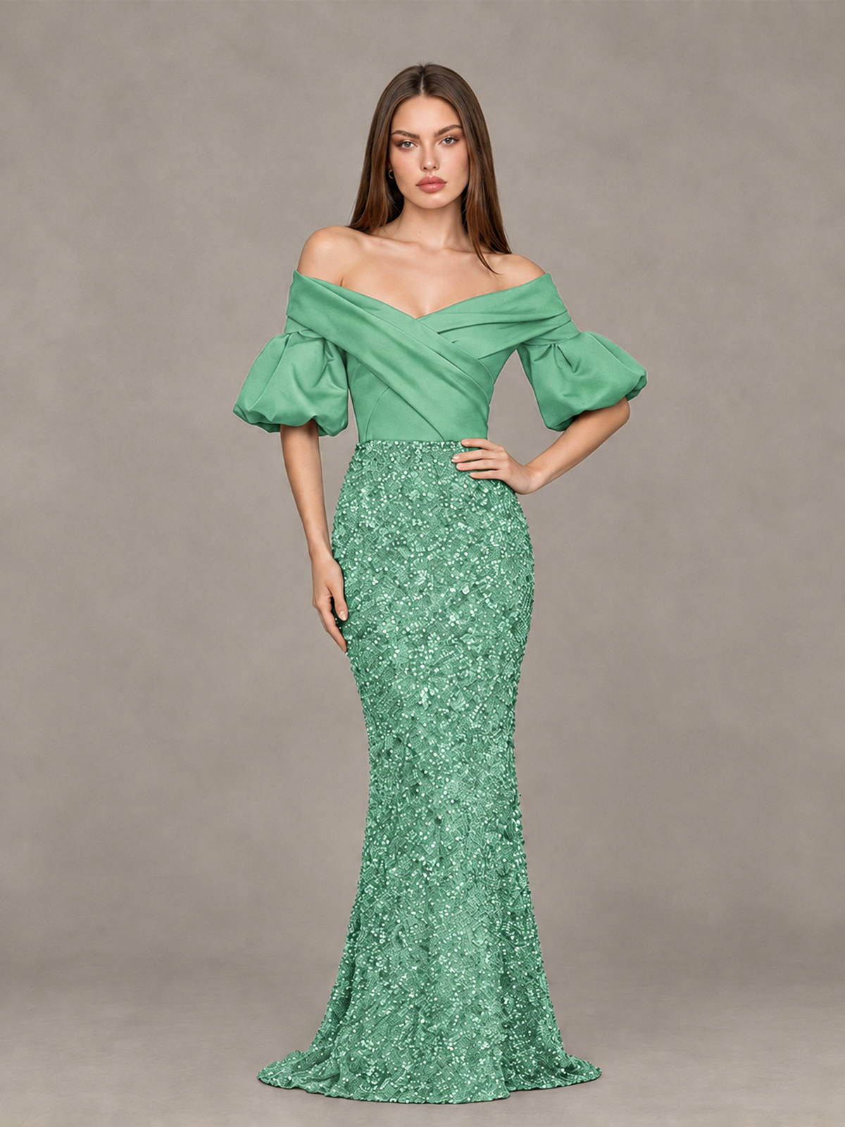 BOLODOO Mint Green Off-Shoulder Puff Sleeve Sequin Mermaid Evening Dress - Mint Green - Mint Green_4