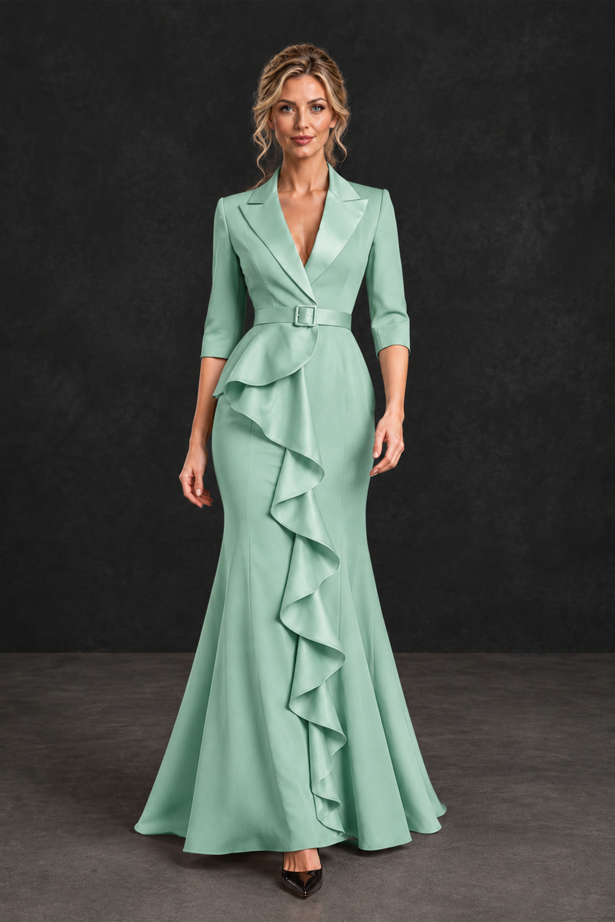 BOLODOO Mint Green Lapel Ruffle Mother of the Bride Dress with Belt - Mint Green - Mint Green_4