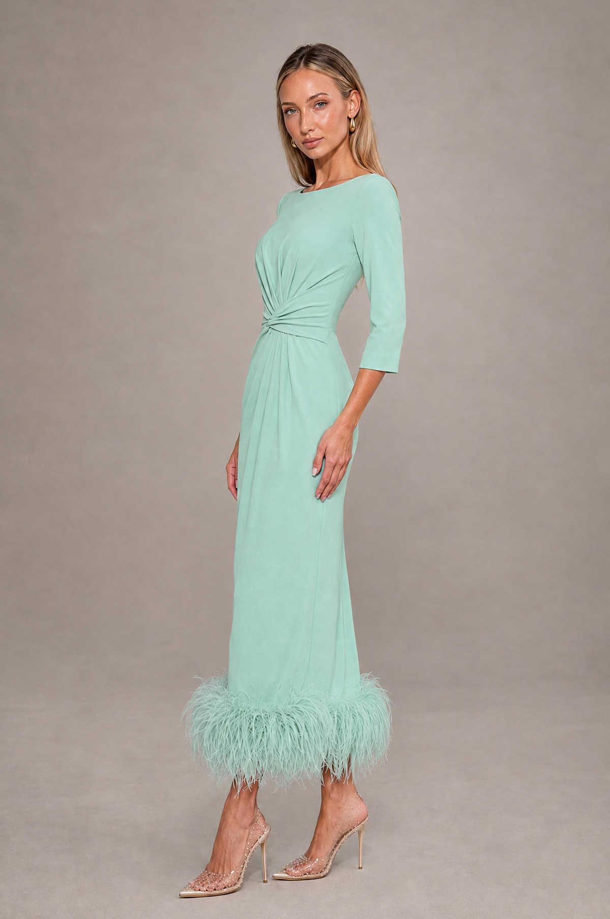BOLODOO Mint Green Feather-Trim Twist-Waist Midi Dress - Mint Green - Mint_Green_4