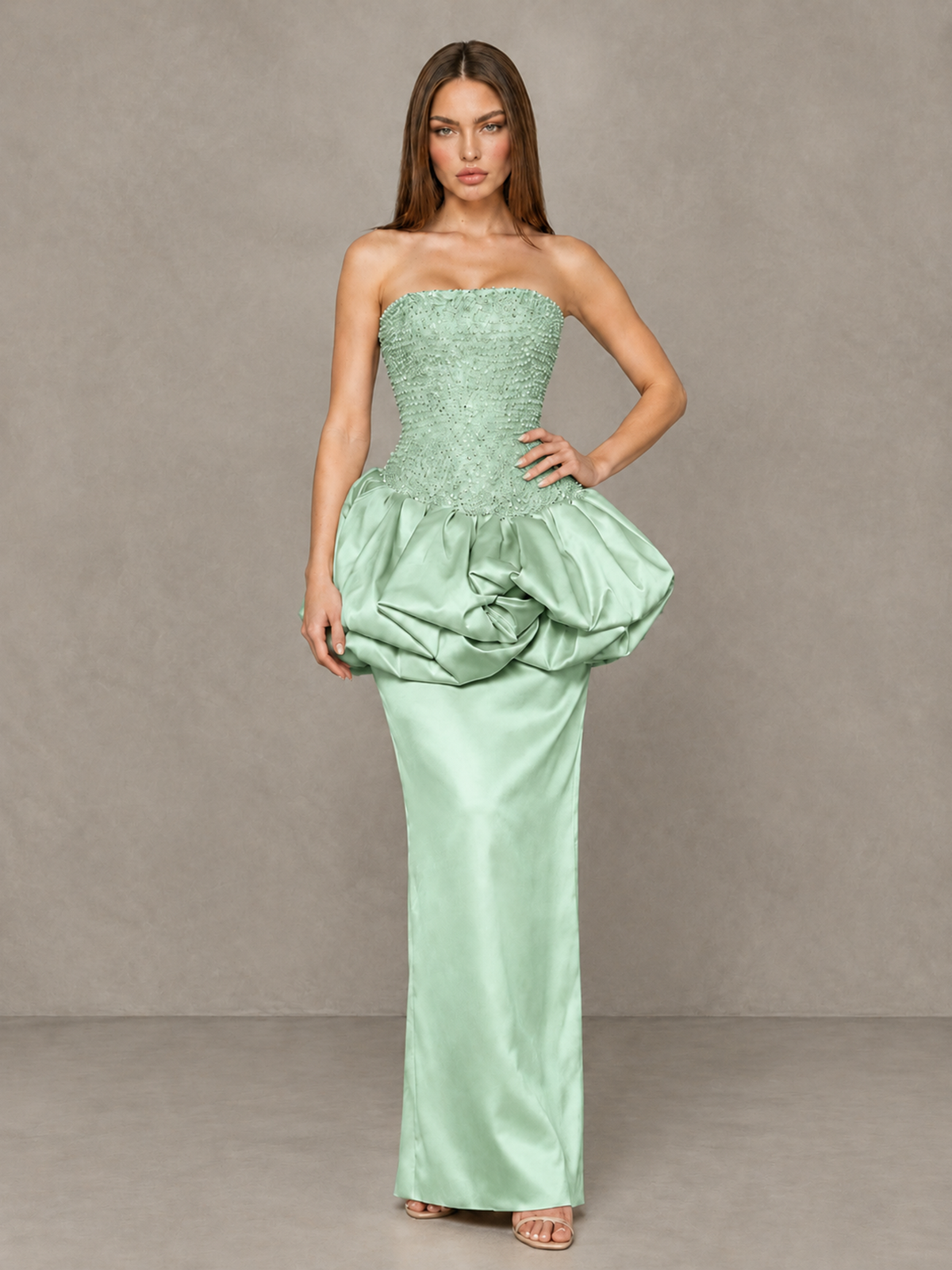 BOLODOO Mint Green Strapless Embellished Bubble Peplum Evening Dress - Mint Green - Mint Green_4