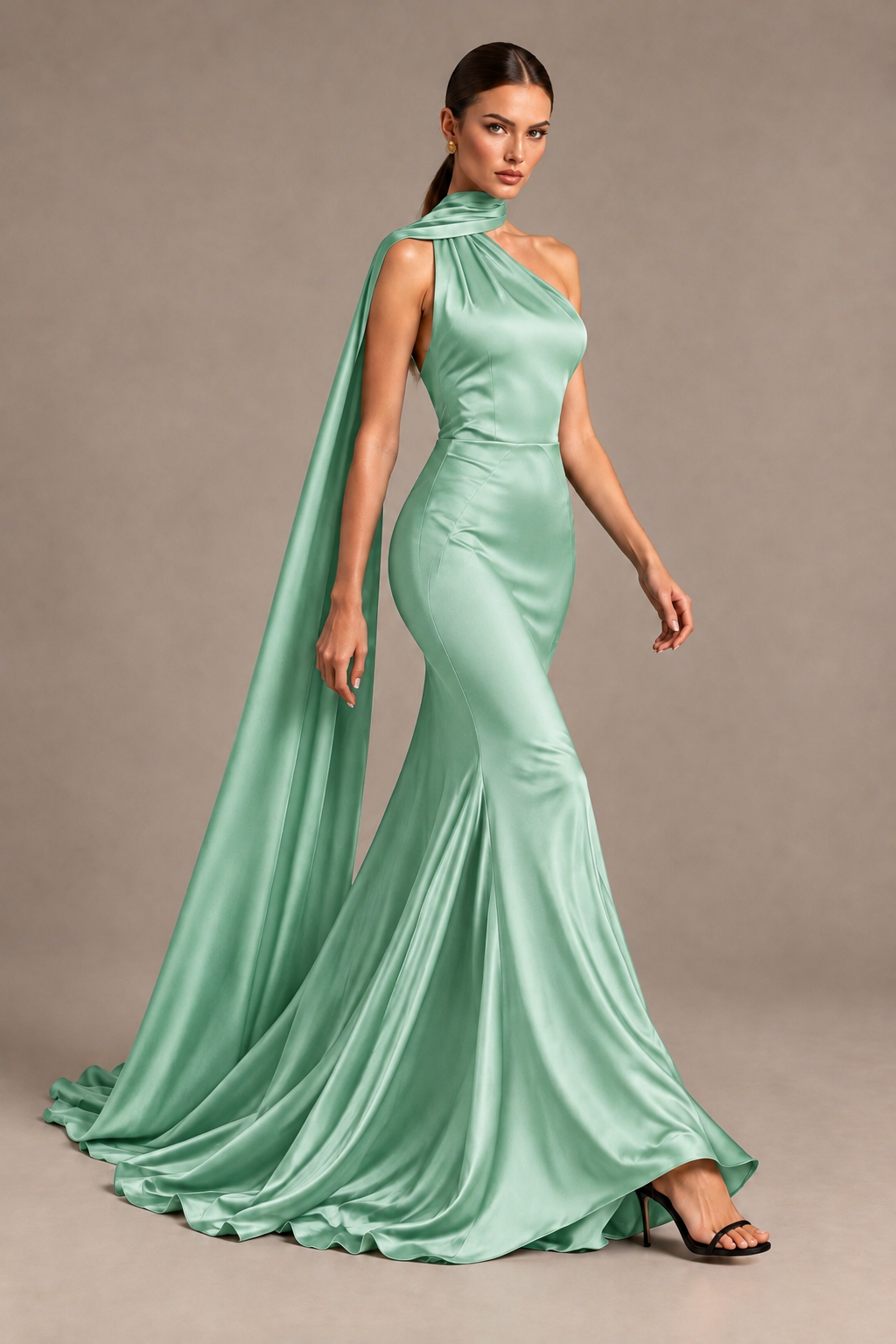 BOLODOO Mint Green One-Shoulder Satin Mermaid Evening Dress with Scarf - Mint Green - Mint Green_4