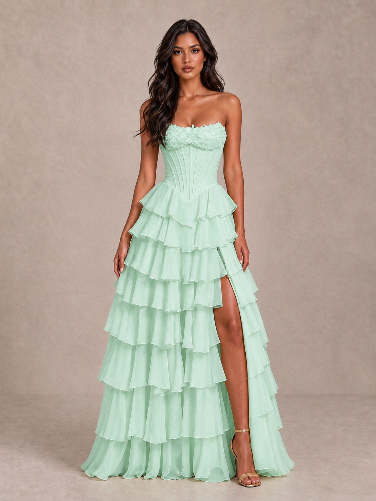 BOLODOO Mint Green Strapless Corset Tiered Ruffle Prom Dress with High Slit - Mint Green - Mint Green_4