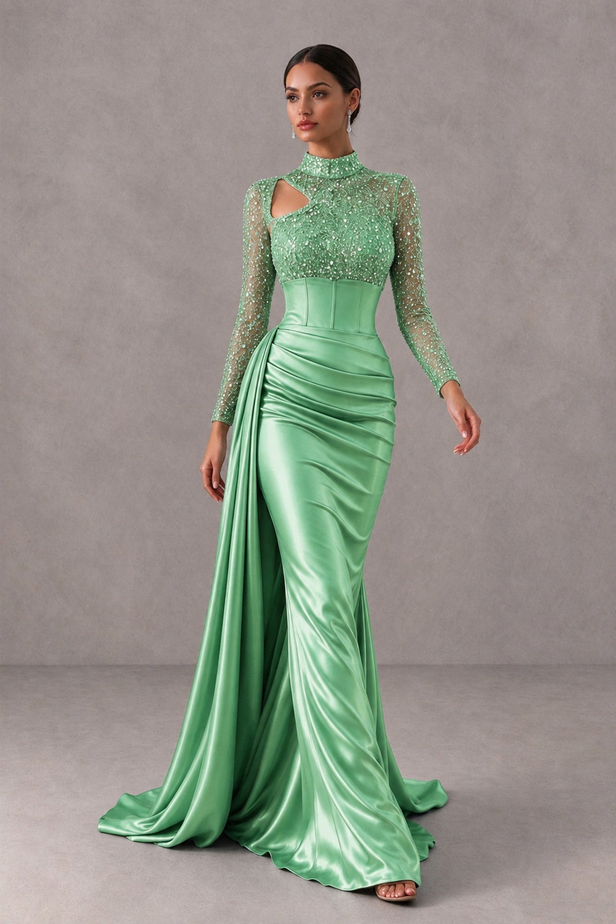 BOLODOO Mint Green Long Sleeve Embellished Satin Mermaid Evening Gown - Mint Green - Mint Green_4