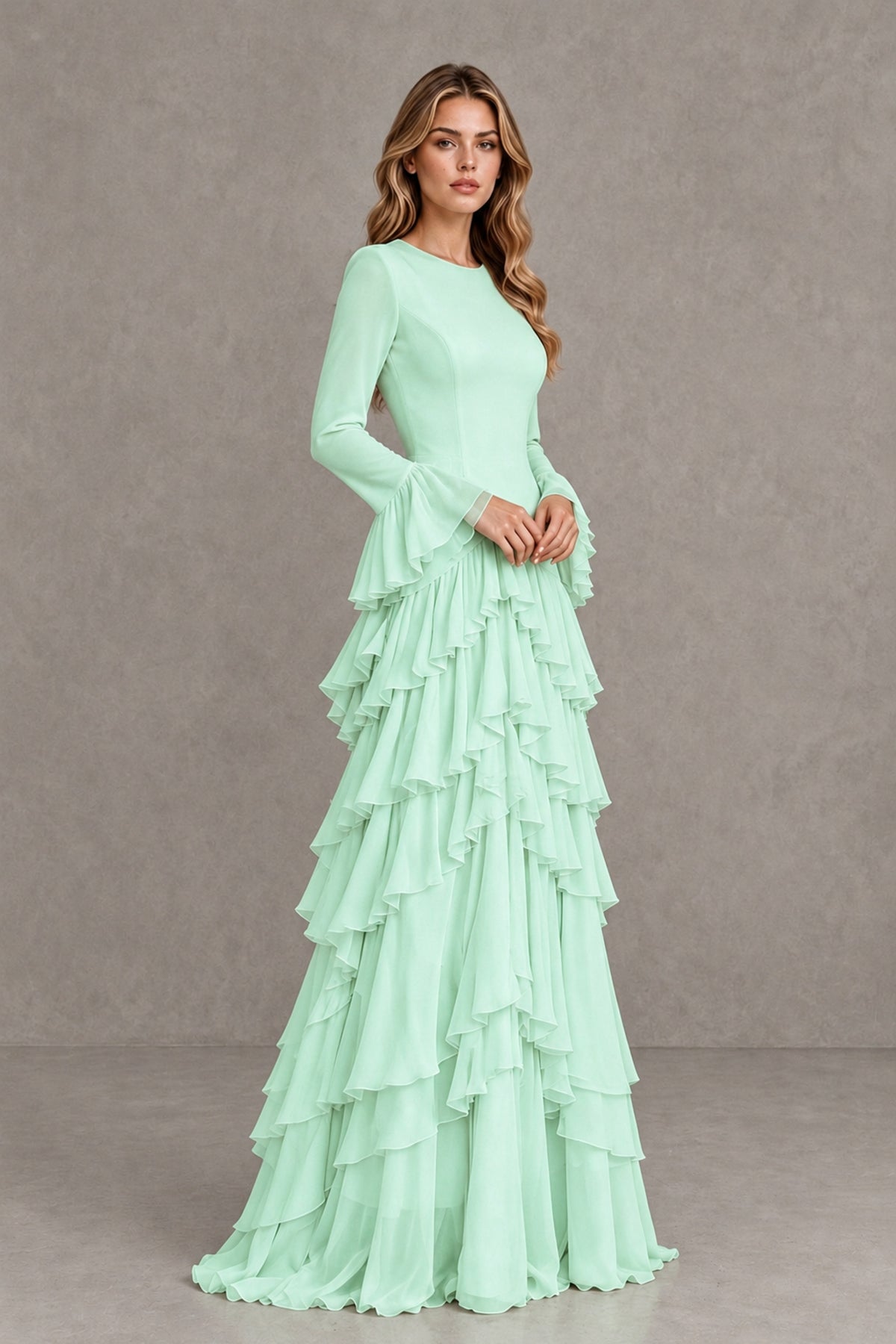 Mint Green Long Sleeve Tiered Ruffle Evening Gown - Mint Green - Mint Green_4