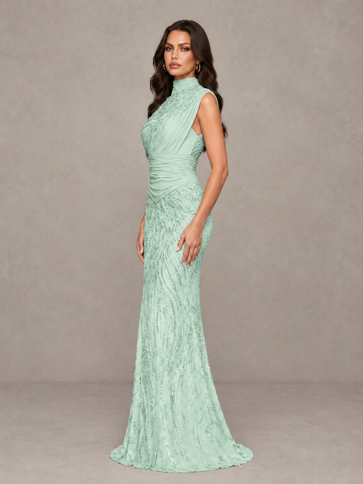 BOLODOO Mint Green High Neck Draped Sequin Mermaid Evening Gown - Mint Green - Mint Green_4