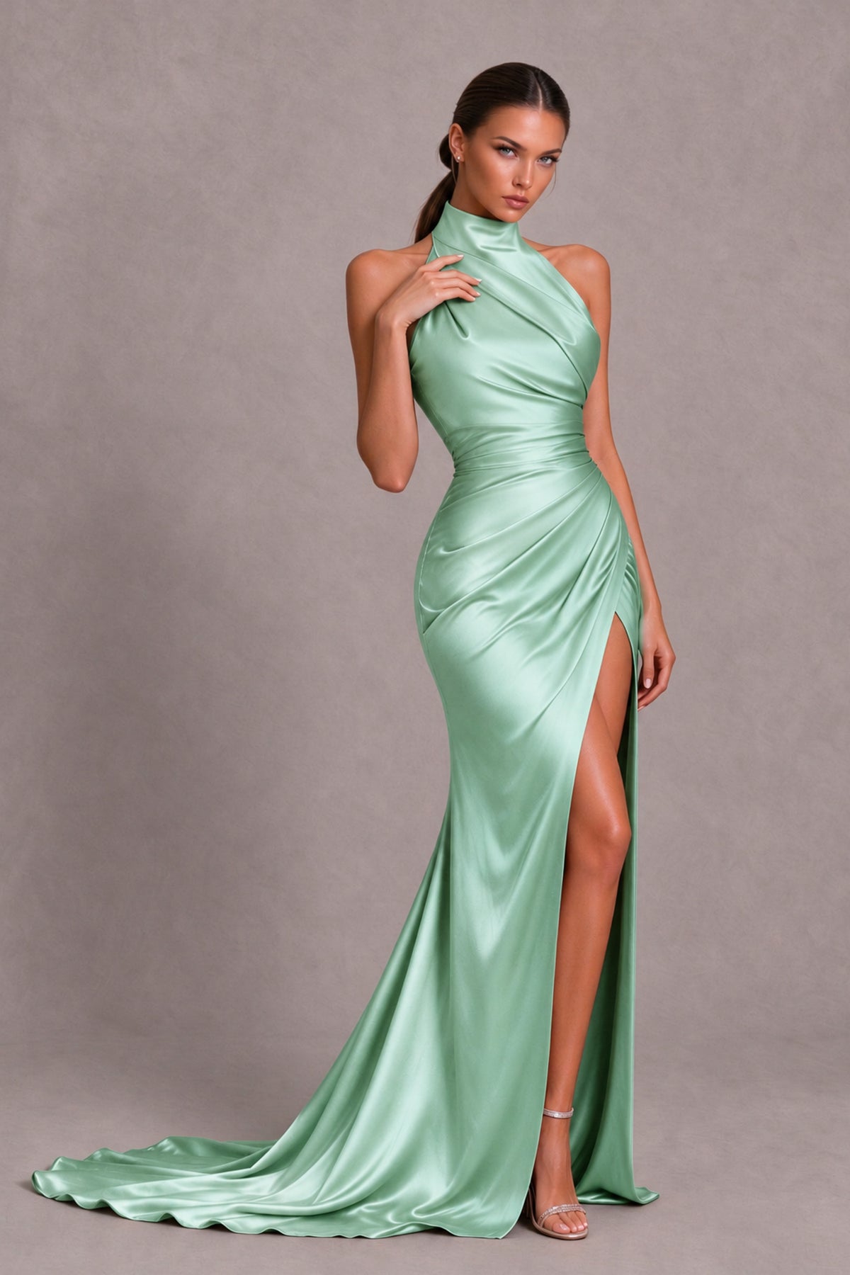 BOLODOO Mint Green Halter Satin-Look Evening Gown with High Slit - Mint Green - Mint Green_4