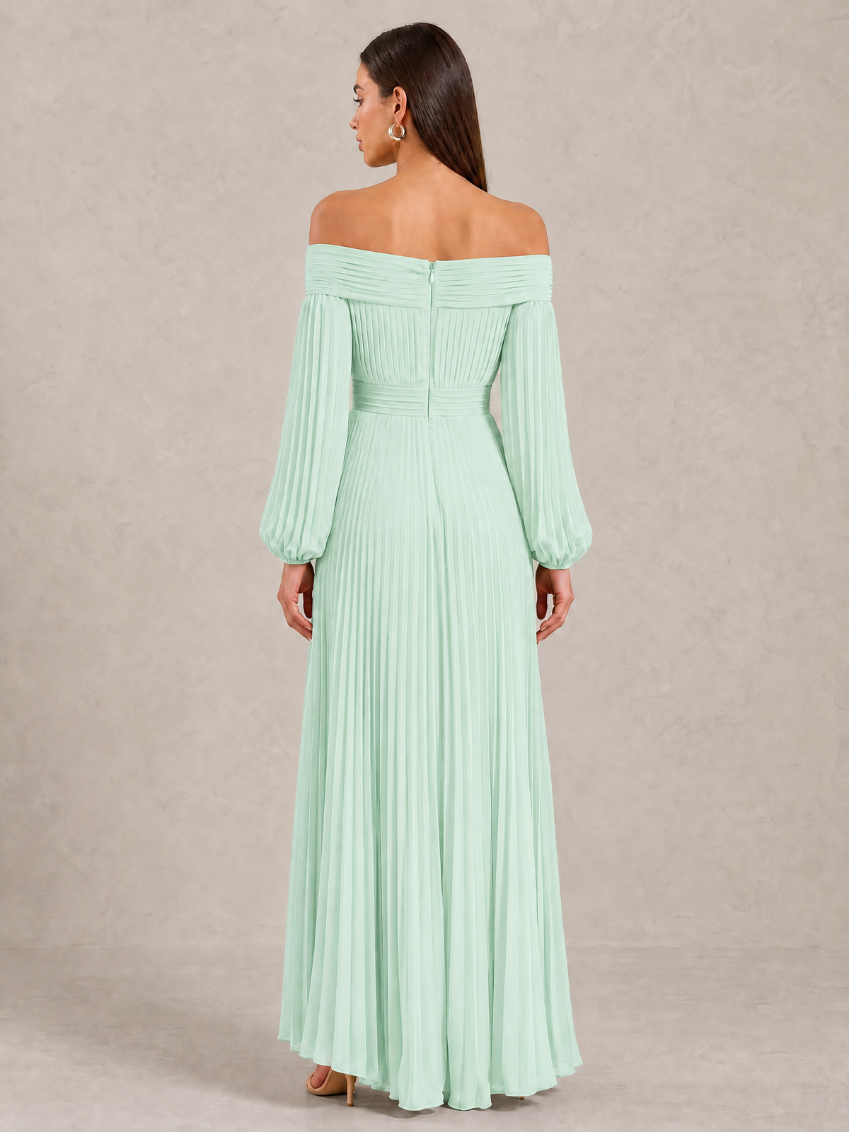BOLODOO Mint Green Off-Shoulder Long Sleeve Pleated High-Low Dress - Mint Green - Mint_Green_4