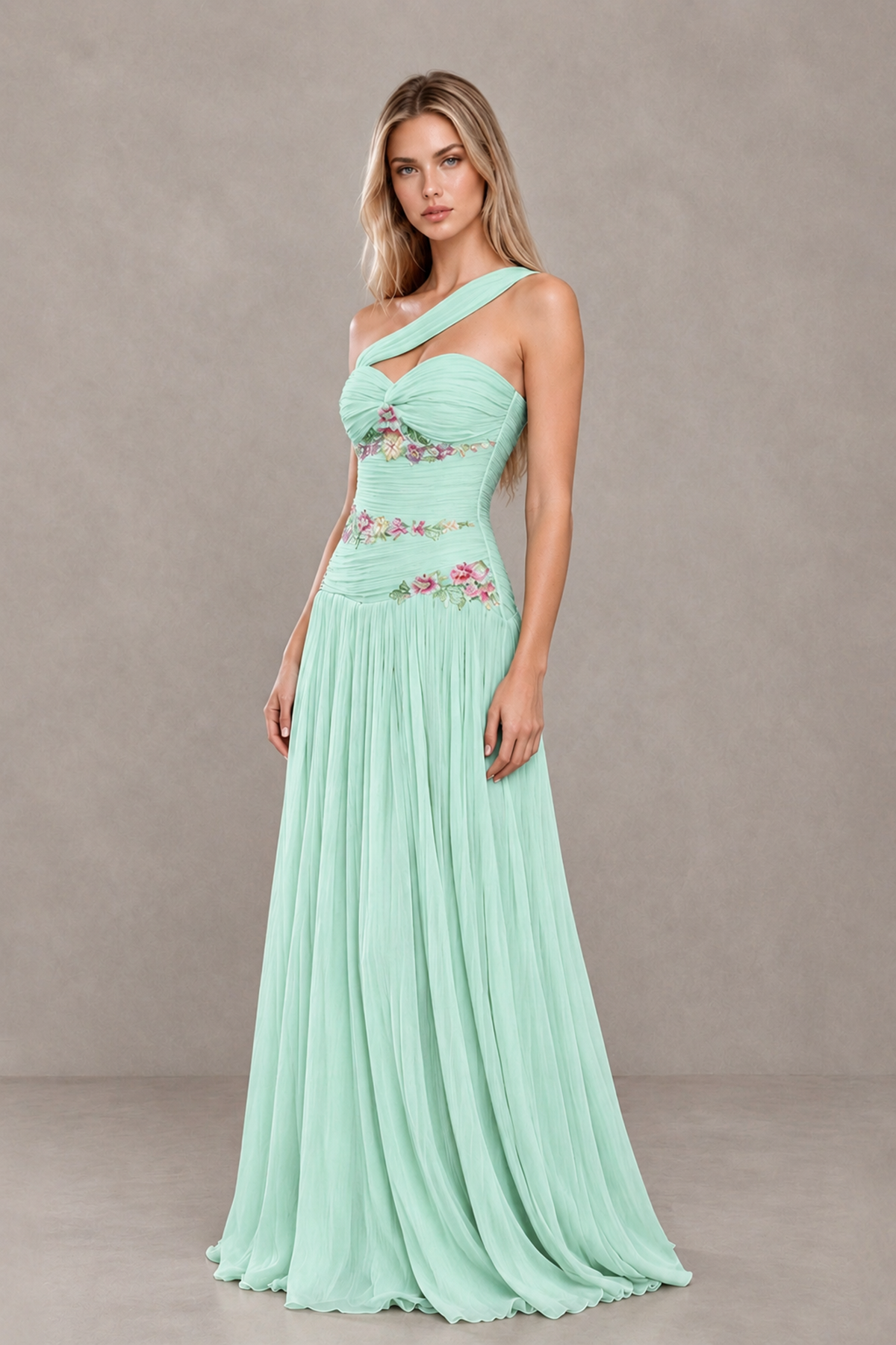 BOLODOO Mint Green One-Shoulder Floral Applique A-Line Evening Dress - Mint Green - Mint Green_4