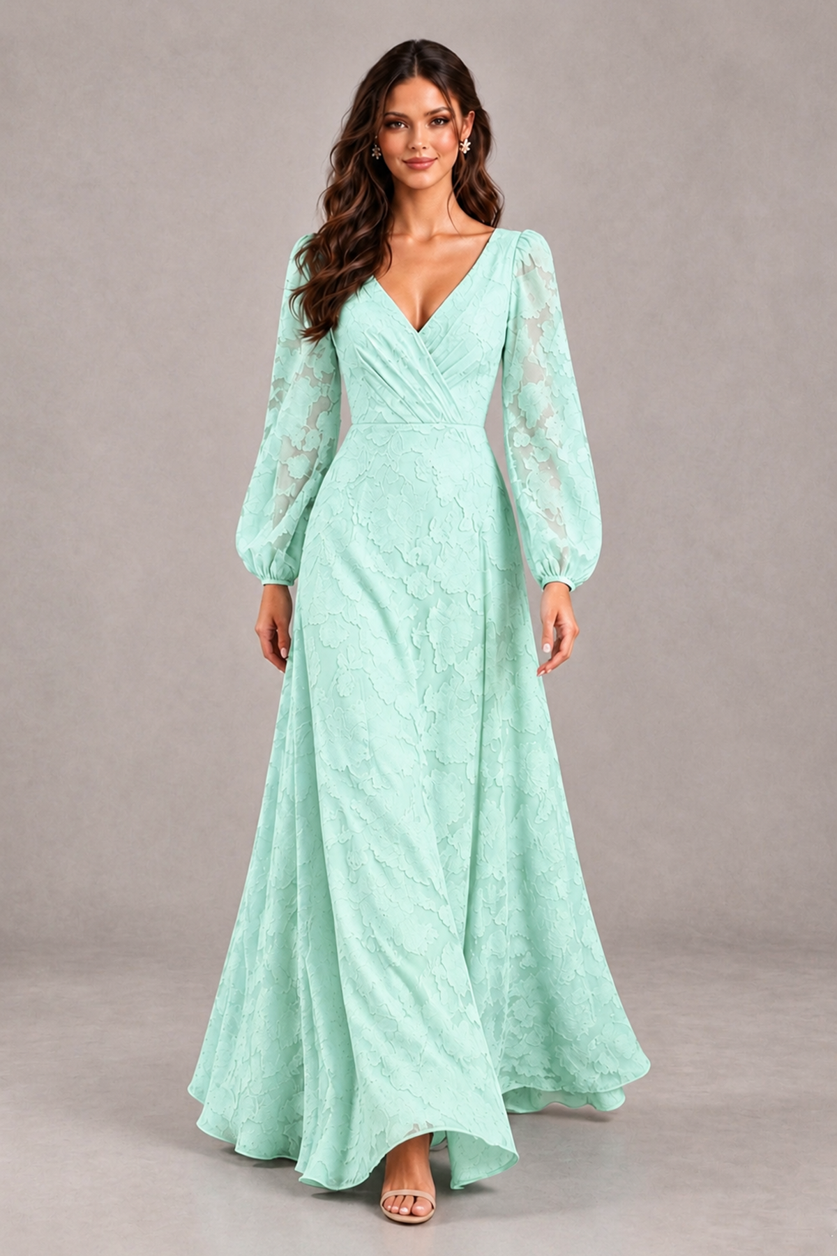 BOLODOO Mint Green Long Sleeve V-Neck A-Line Mother of the Bride Dress - Mint Green - Mint Green_4