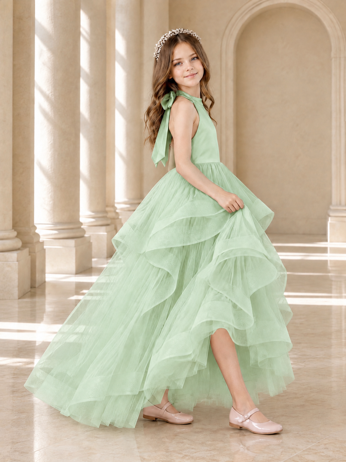 BOLODOO Mint Green Halter Tiered Tulle Flower Girl Dress with Bow Back - Mint Green - Mint Green_4