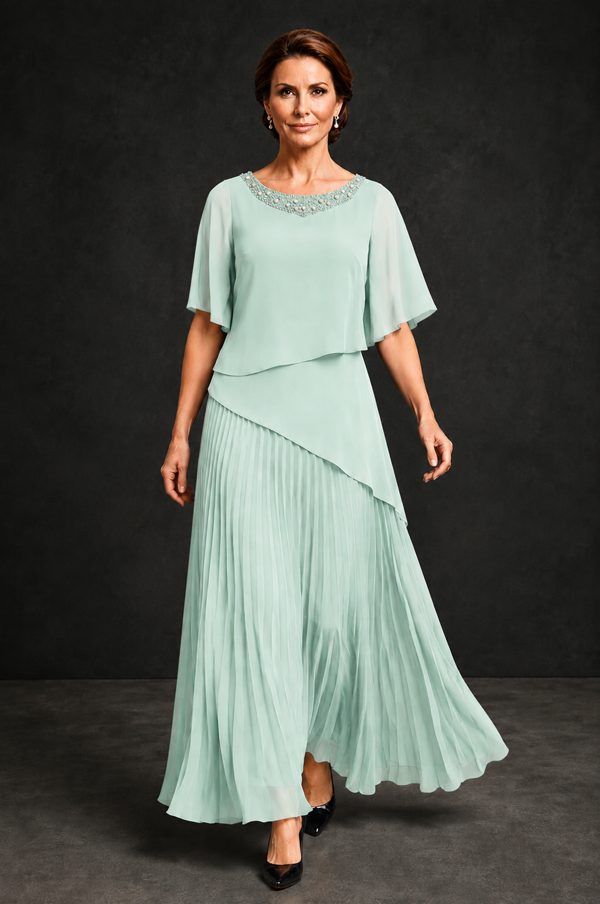 BOLODOO Mint Green Pearl Beaded Neck Asymmetric Tiered Flutter Sleeve Pleated Chiffon Maxi Dress - Mint Green - Mint_Green_4