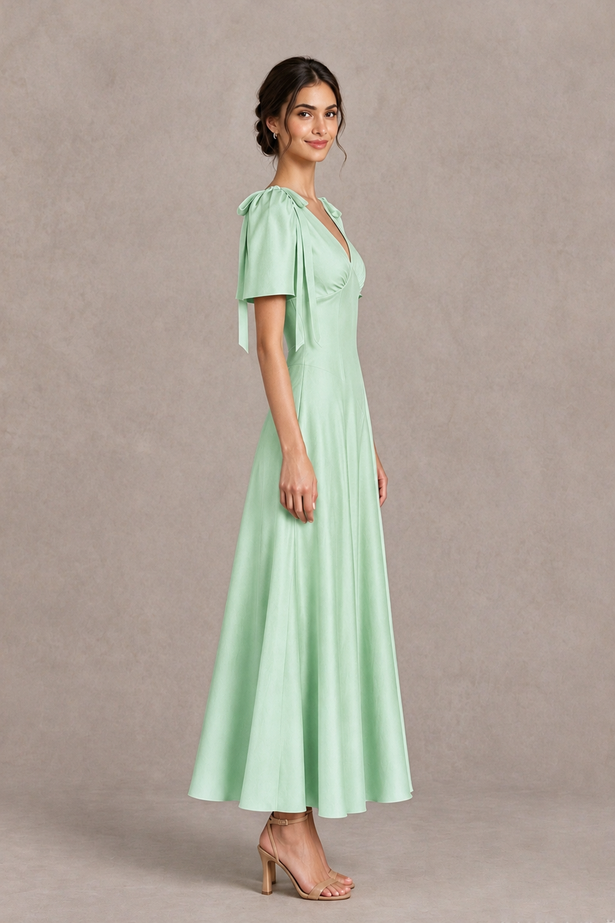 BOLODOO Mint Green V-Neck Short Sleeve Satin-Look Bridesmaid Dress with Shoulder Bows - Mint Green - Mint Green_4