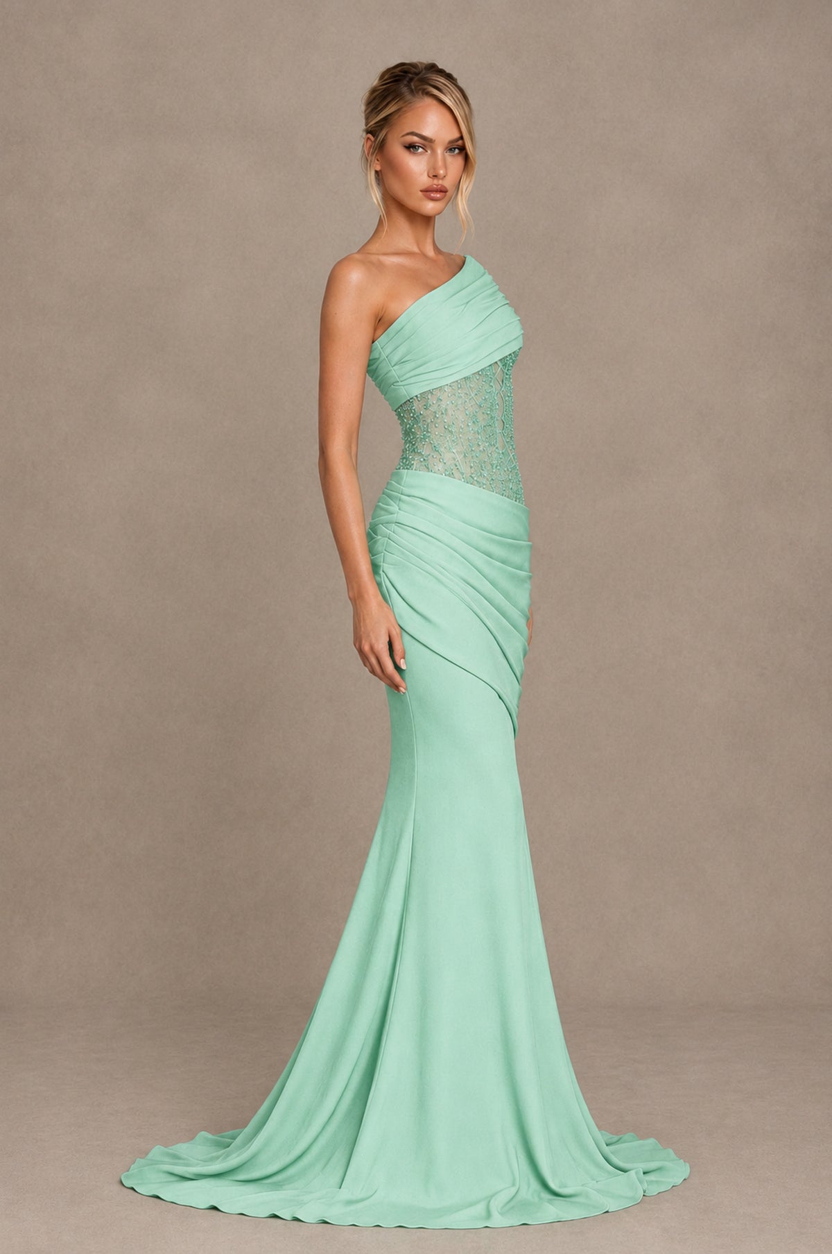 BOLODOO Mint Green One-Shoulder Sequin Embroidered Ruched Mermaid Gown with Train - Mint Green - Mint Green_4