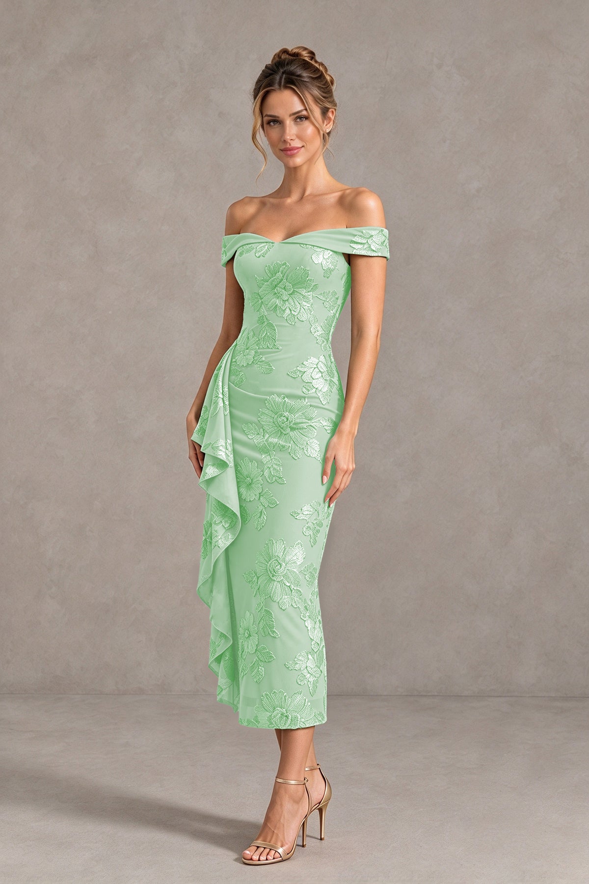 BOLODOO Mint Green Off Shoulder Floral Jacquard Midi Dress - Mint Green - Mint Green(4)