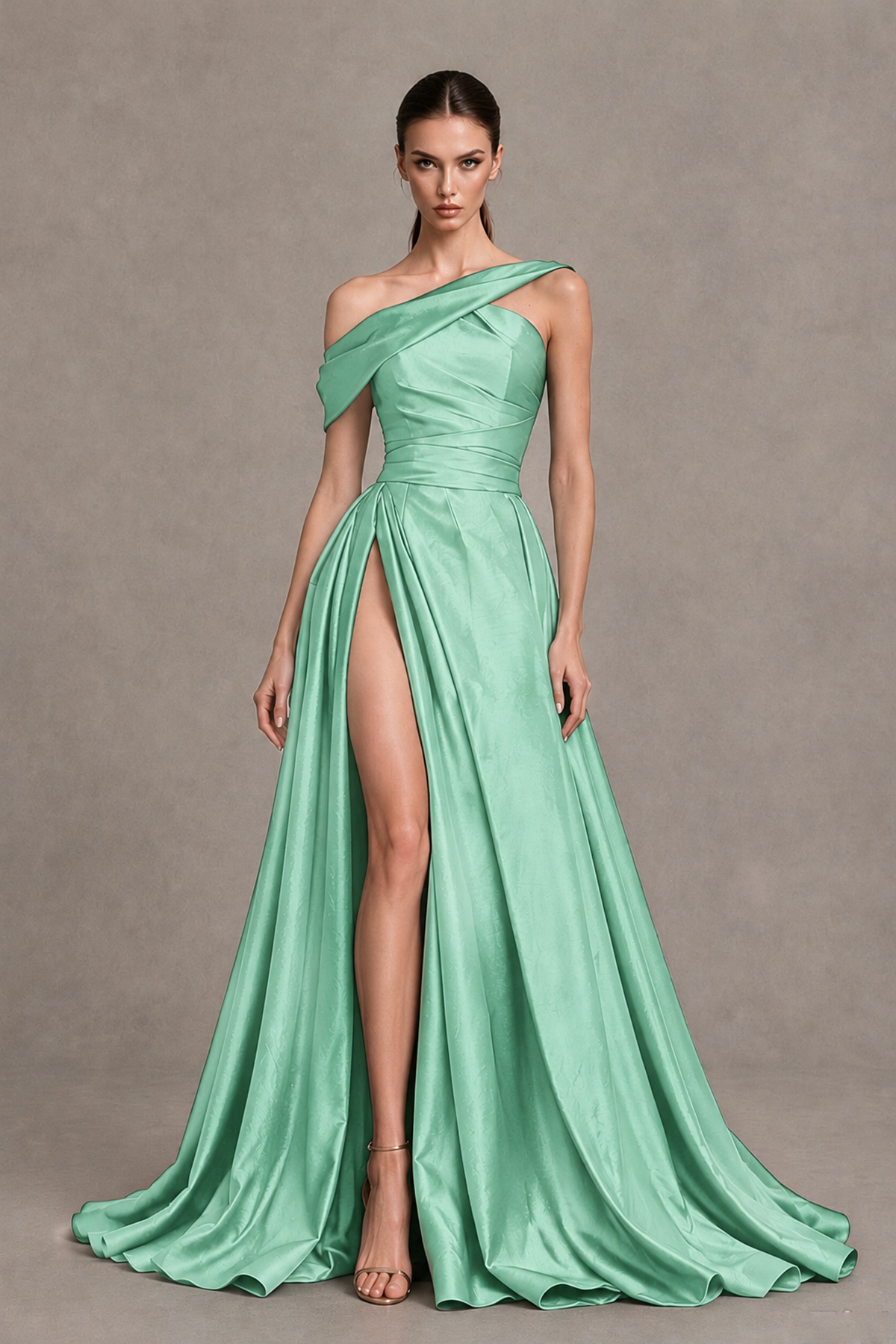 BOLODOO Mint Green Asymmetric Satin-Look A-Line Prom Dress with High Slit - Mint Green - Mint Green_4
