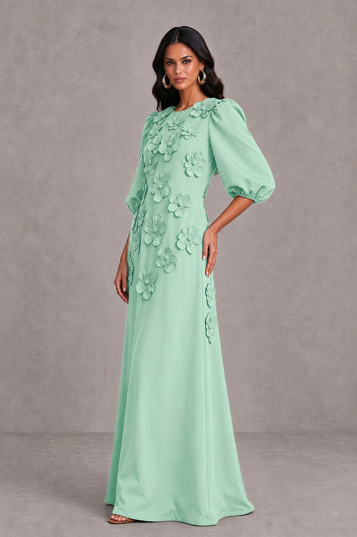 BOLODOO Mint Green Floral Applique Puff Sleeve A-Line Evening Dress - Mint Green - Mint Green_4