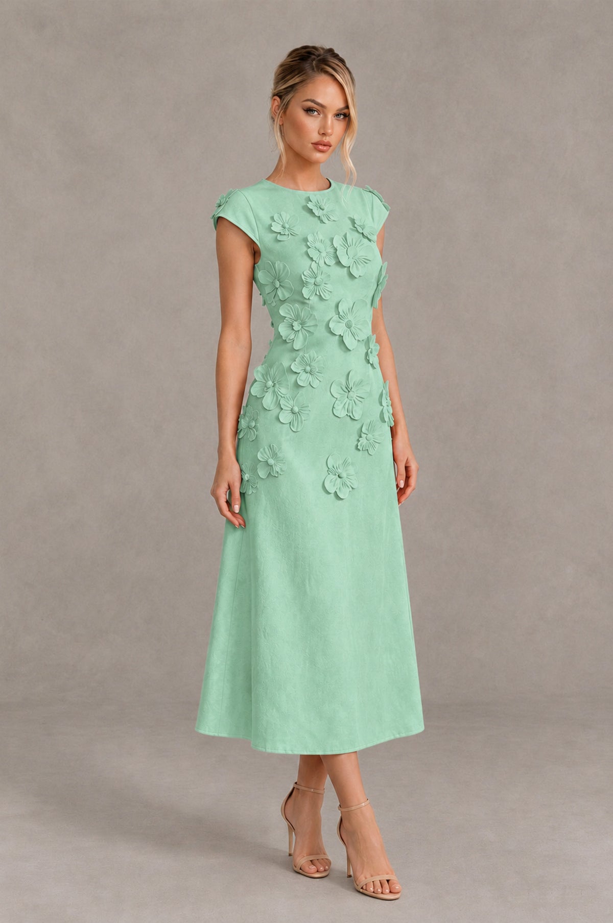 BOLODOO Mint Green 3D Floral Cap Sleeve Midi Cocktail Dress - Mint Green - Mint Green_4