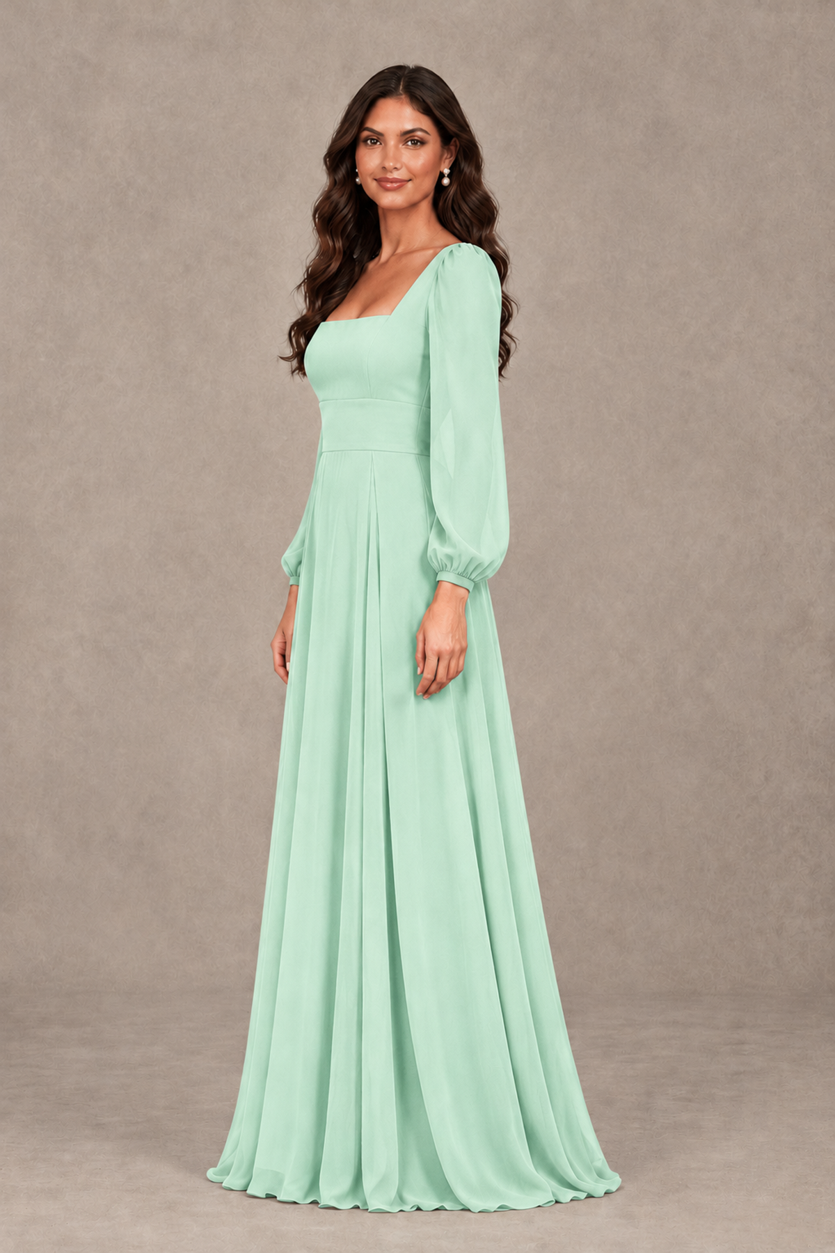 BOLODOO Mint Green Square Neck Long Sleeve A-Line Bridesmaid Dress - Mint Green - Mint Green_4
