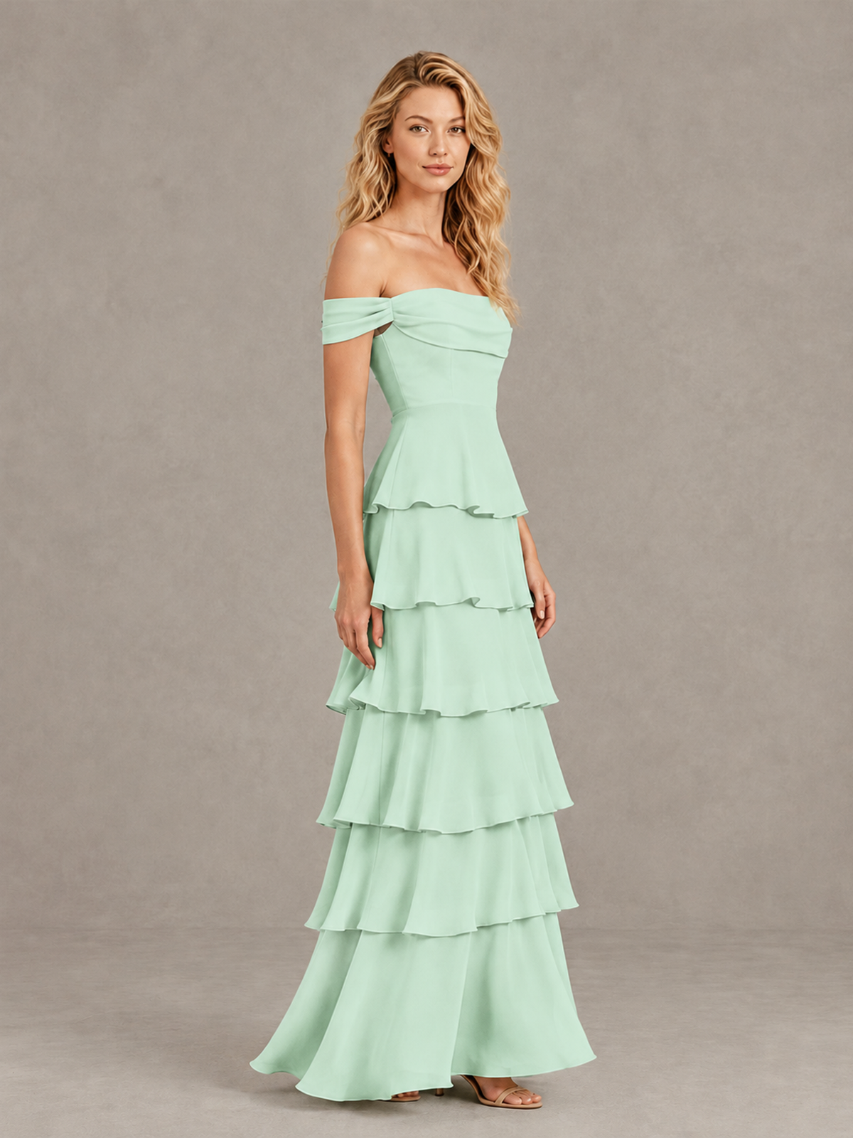 BOLODOO Mint Green Off-Shoulder Tiered Ruffle Bridesmaid Dress with Lace-Up Back - Mint Green - Mint Green_4