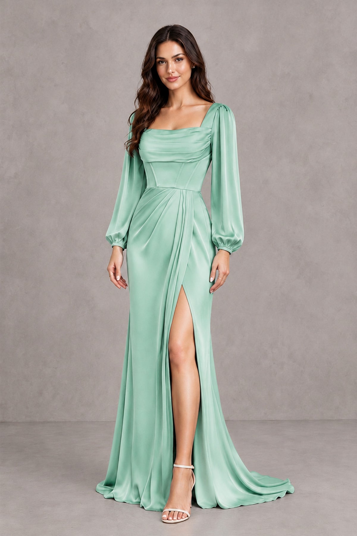 BOLODOO Mint Green Satin-Look Long Sleeve Evening Dress with High Slit - Mint Green - Mint Green_4