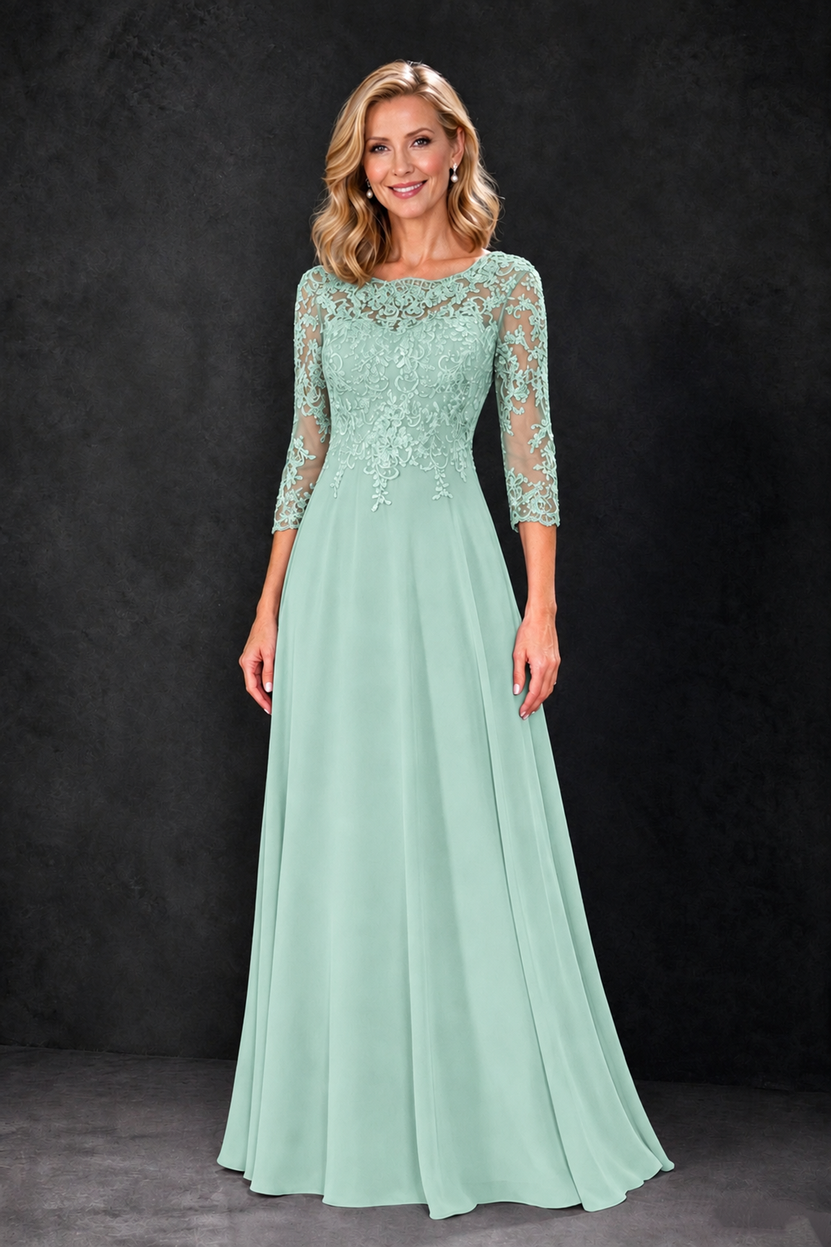 BOLODOO Mint Green Lace Embroidered Mother of the Bride Dress with 3/4 Sleeves - Mint Green - Mint Green_4