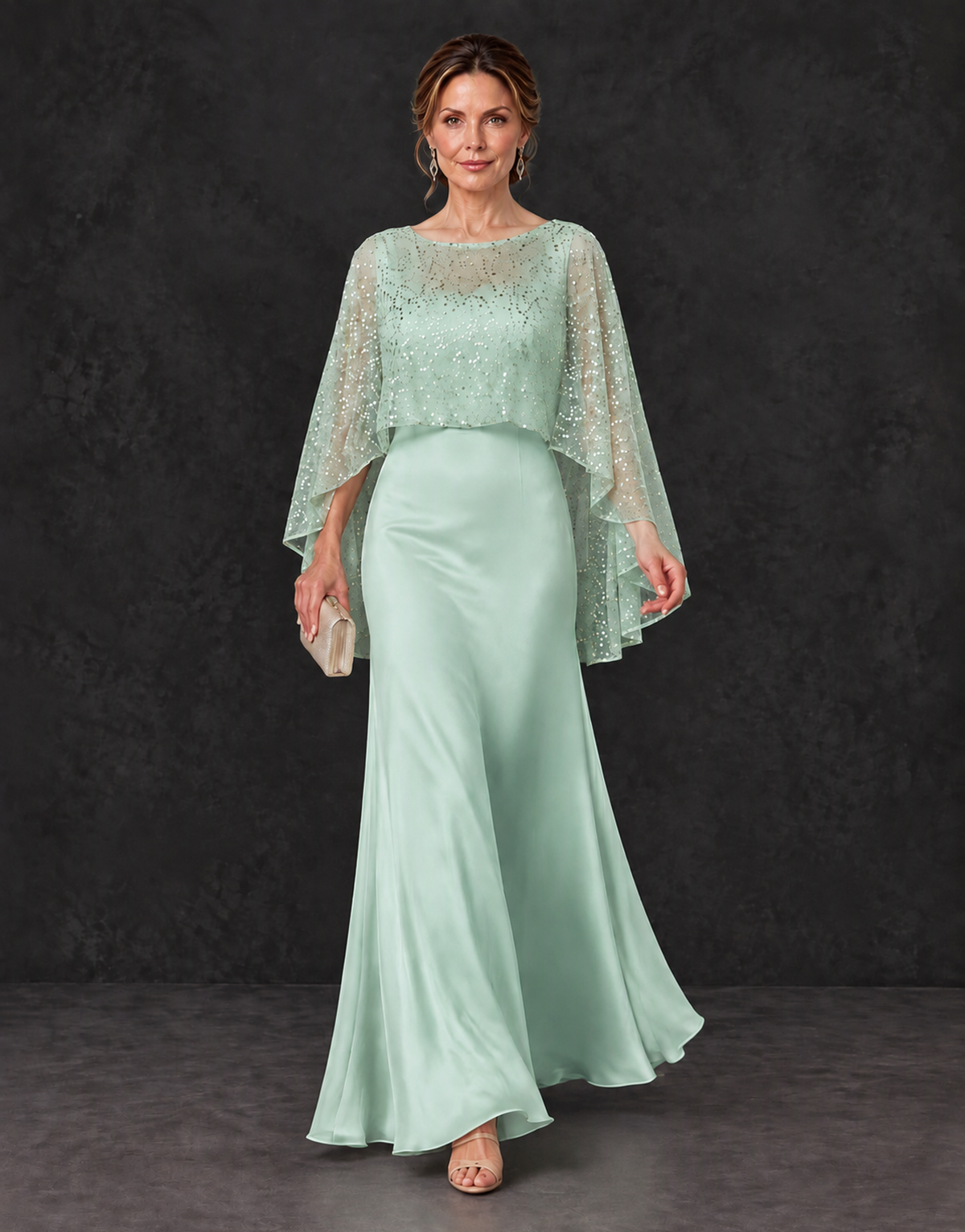 BOLODOO Mint Green Sparkle Cape Sleeve Mother of the Bride Dress - Mint Green - Mint_Green_4
