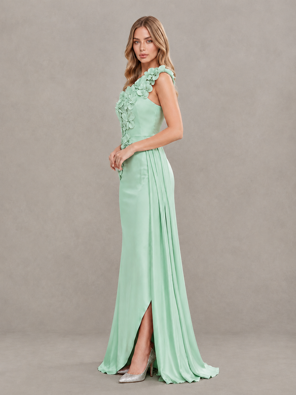 BOLODOO Mint Green One-Shoulder Satin Mermaid Evening Gown with 3D Floral Appliqué - Mint Green - Mint Green_4