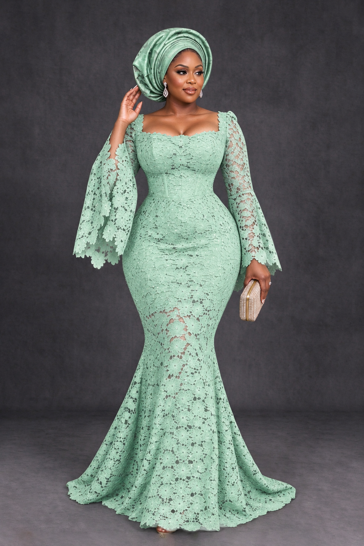 BOLODOO Mint Green African Lace Mermaid Dress, Plus Size Nigerian Wedding Guest Gown with Bell Sleeves - Mint Green - Mint Green_4
