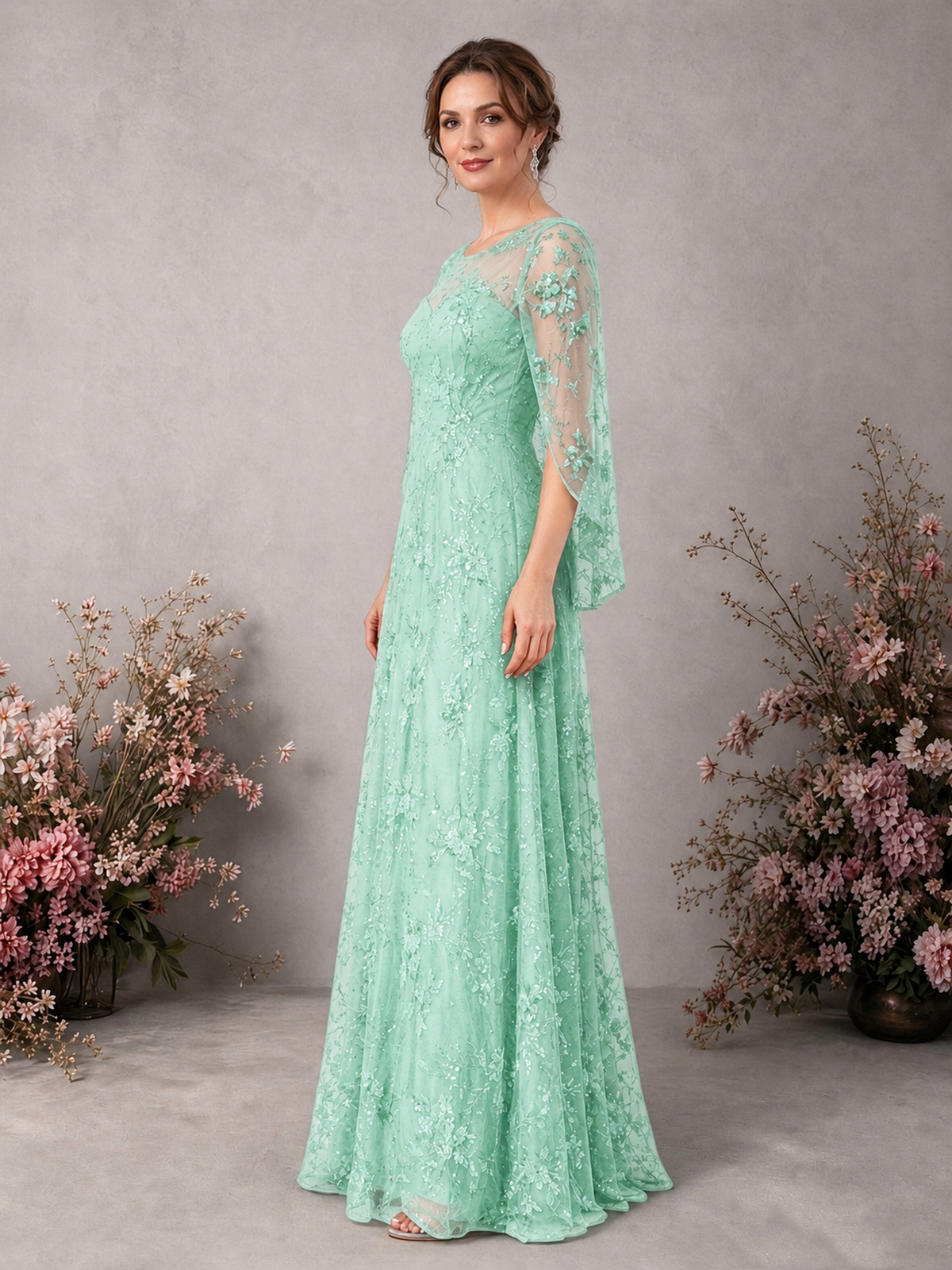 BOLODOO Mint Green Sequin Lace Cape Sleeve Formal Evening Gown - Mint Green - Mint Green_4