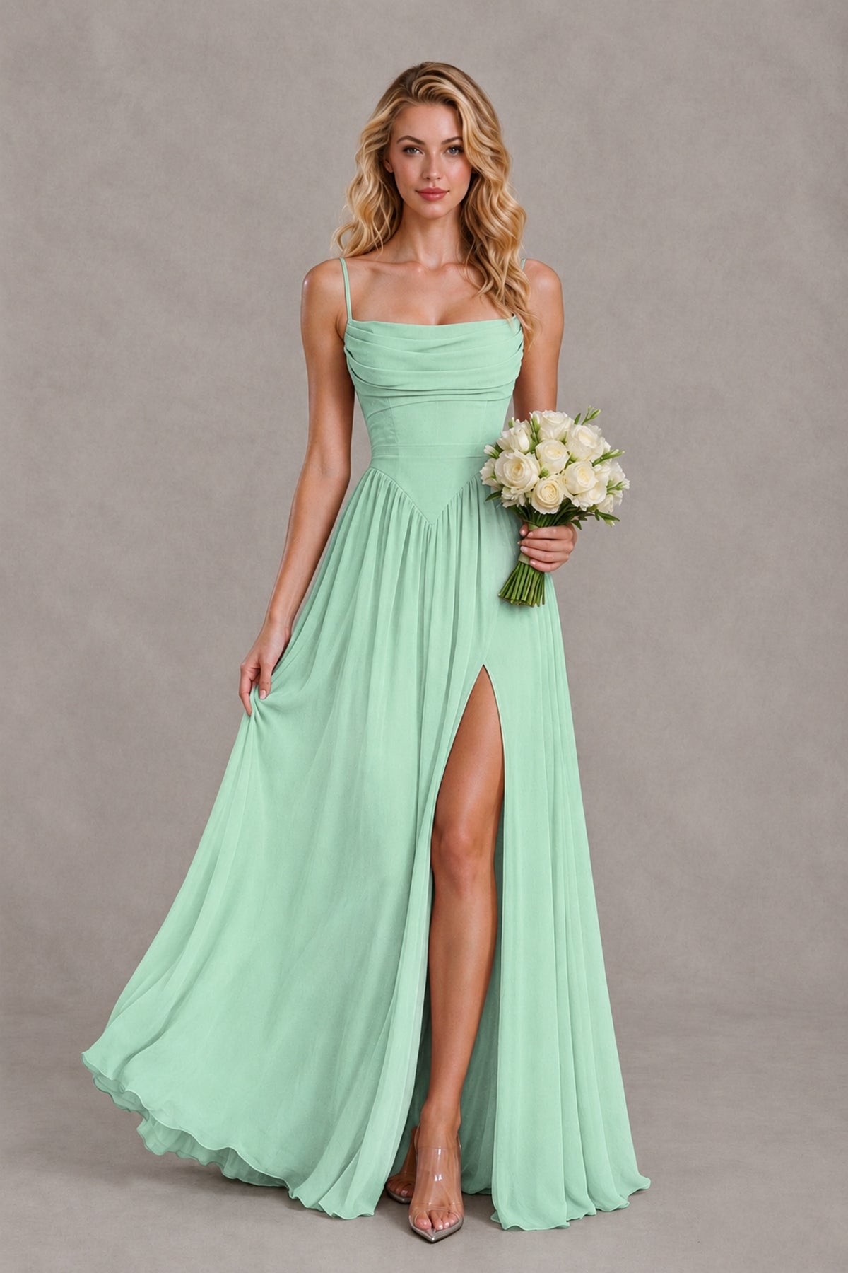 BOLODOO Mint Green Spaghetti Strap A-Line Bridesmaid Dress with Slit - Mint Green - Mint Green_4