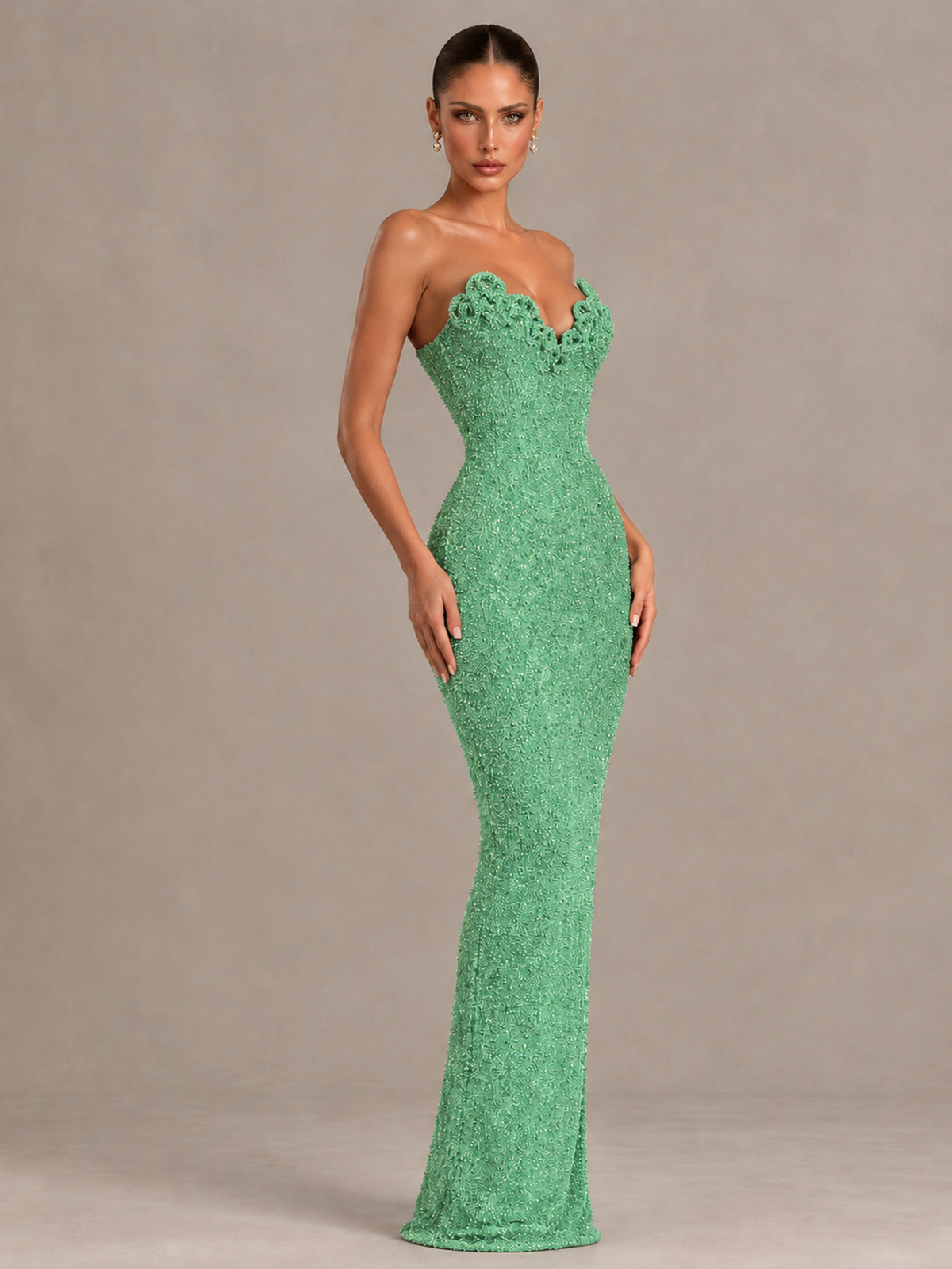 BOLODOO Mint Green Strapless Sequin Evening Gown with Floral Neckline - Mint Green - Mint Green_4